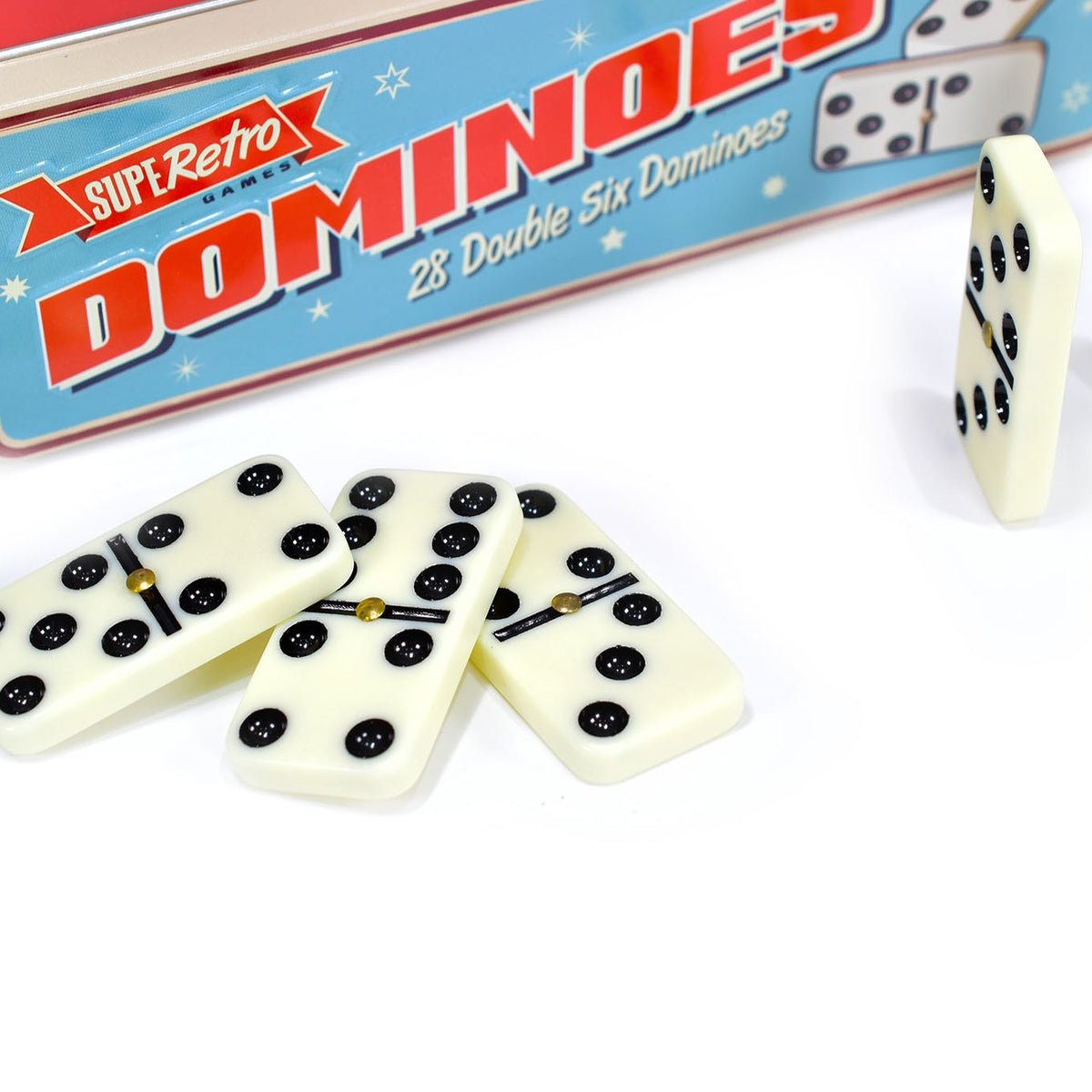 KandyToys SupeRetro Style Domino Tin 28 Piece | Double Six Vintage Domino Set | Classic Games