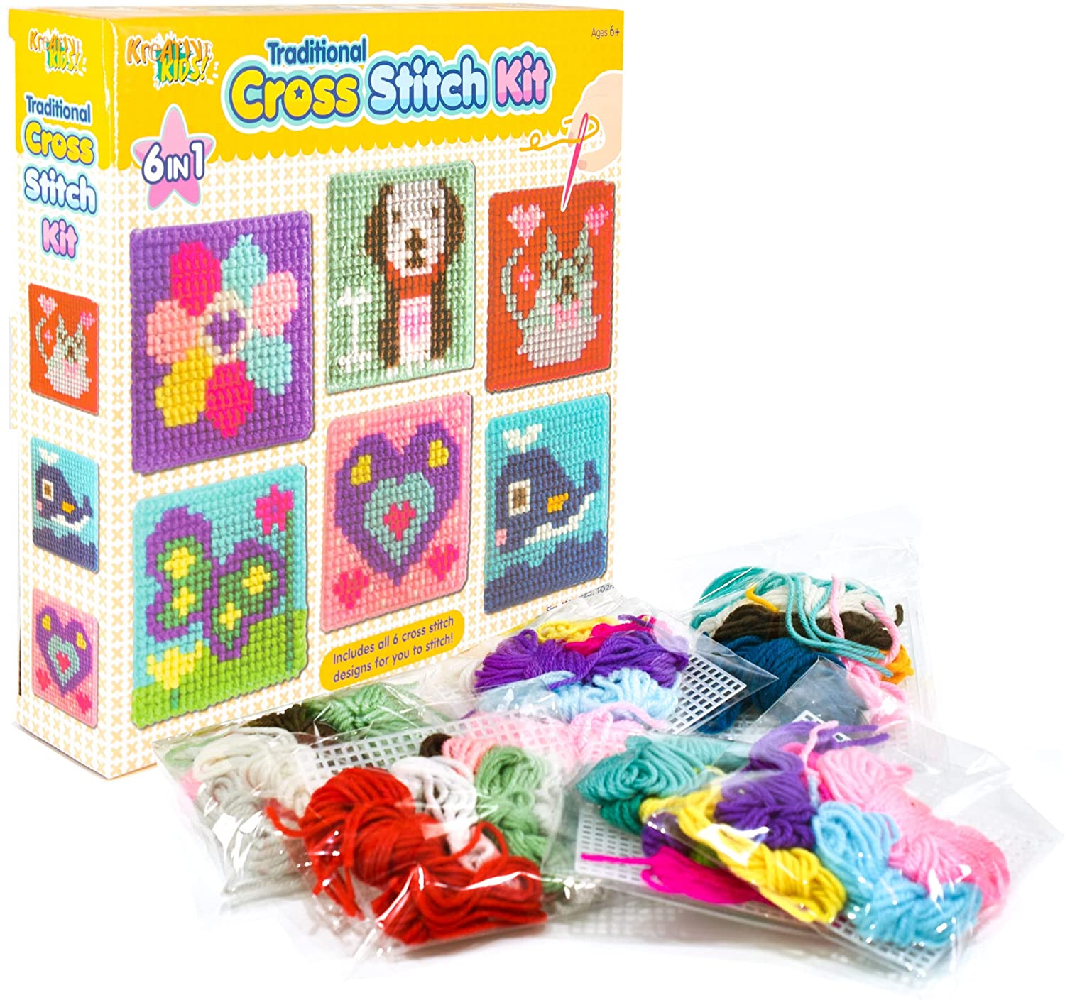 Kreative Kids 6-in-1 Cross Stitch Kit | 6 assorted embroidery boards with 36 coloured threads included | Children’s Craft Kit