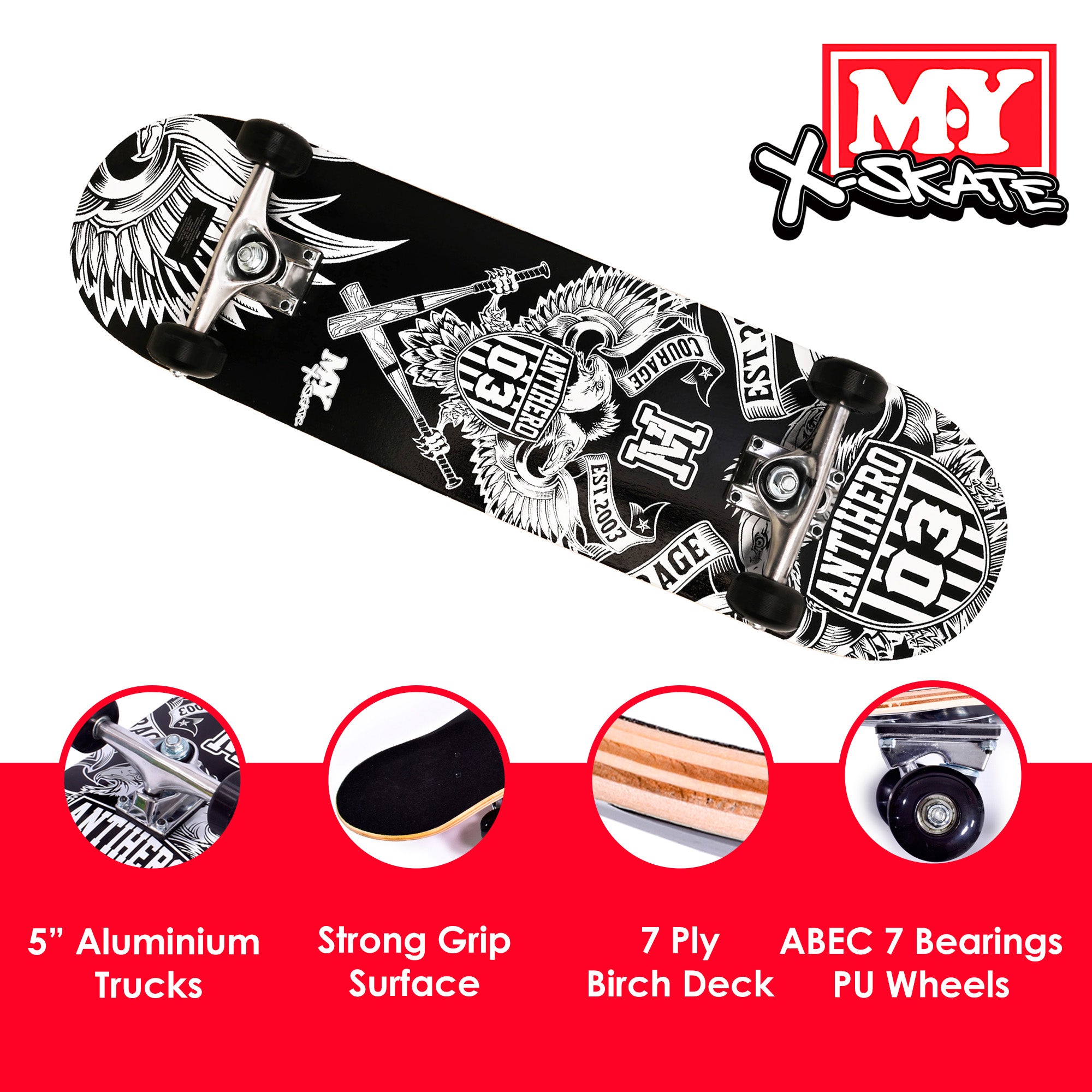 M.Y X-Skate Complete Skateboard 31" Double Kick Beginner Skateboard for Kids Teenagers & Adults 7 Ply Maple Deck ABEC 7 Bearings for tricks and skateparks