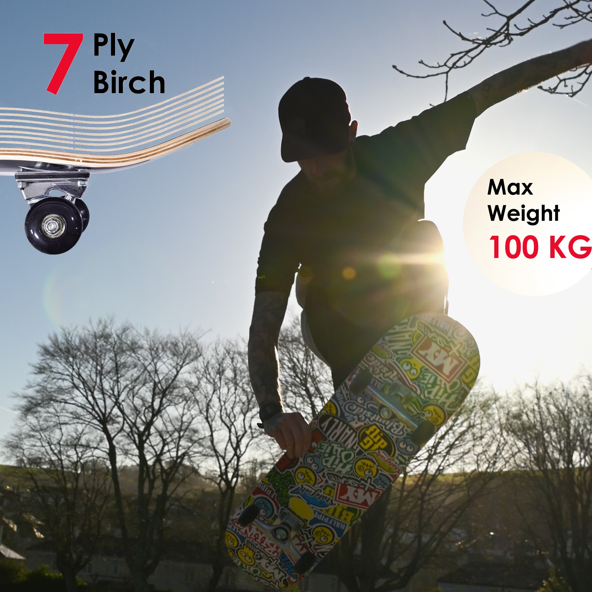 M.Y X-Skate Complete Skateboard 31" Double Kick Beginner Skateboard for Kids Teenagers & Adults 7 Ply Maple Deck ABEC 7 Bearings for tricks and skateparks