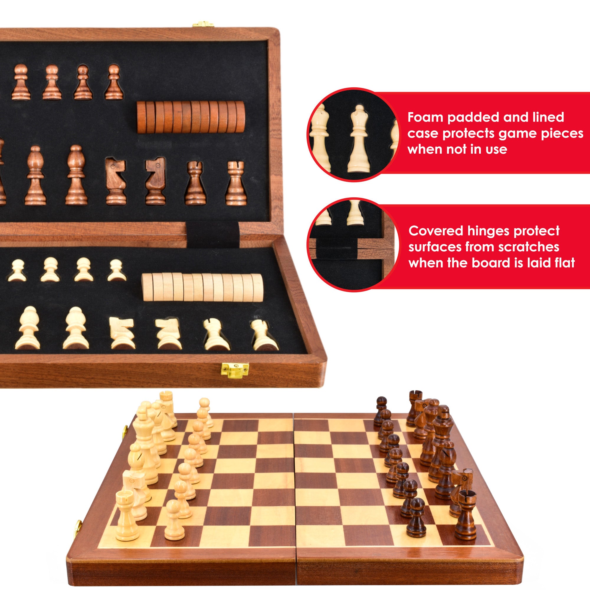 M.Y Premium 15" Wooden Magnetic Chess Set | Traditional Chess Board Game with Draughts for Kids & Adults
