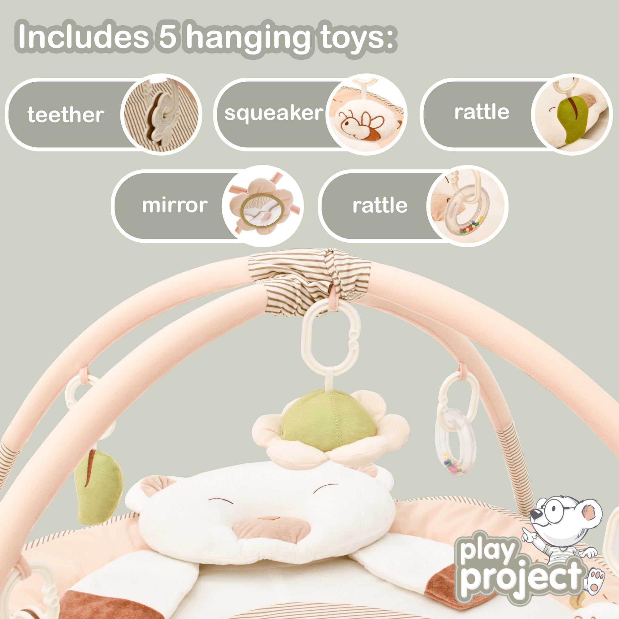 Play Project by KandyToys Baby Play Gym Activity Playmat For Newborns, Babies and Toddlers | Friendly Bear Design | Quick Assembly | Includes Teether, Rattle, Mirror and More!