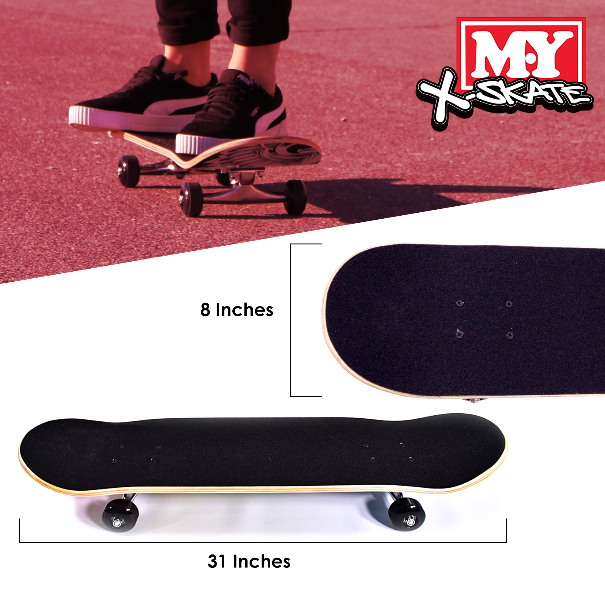 M.Y X-Skate Complete Skateboard 31" Double Kick Beginner Skateboard for Kids Teenagers & Adults 7 Ply Maple Deck ABEC 7 Bearings for tricks and skateparks