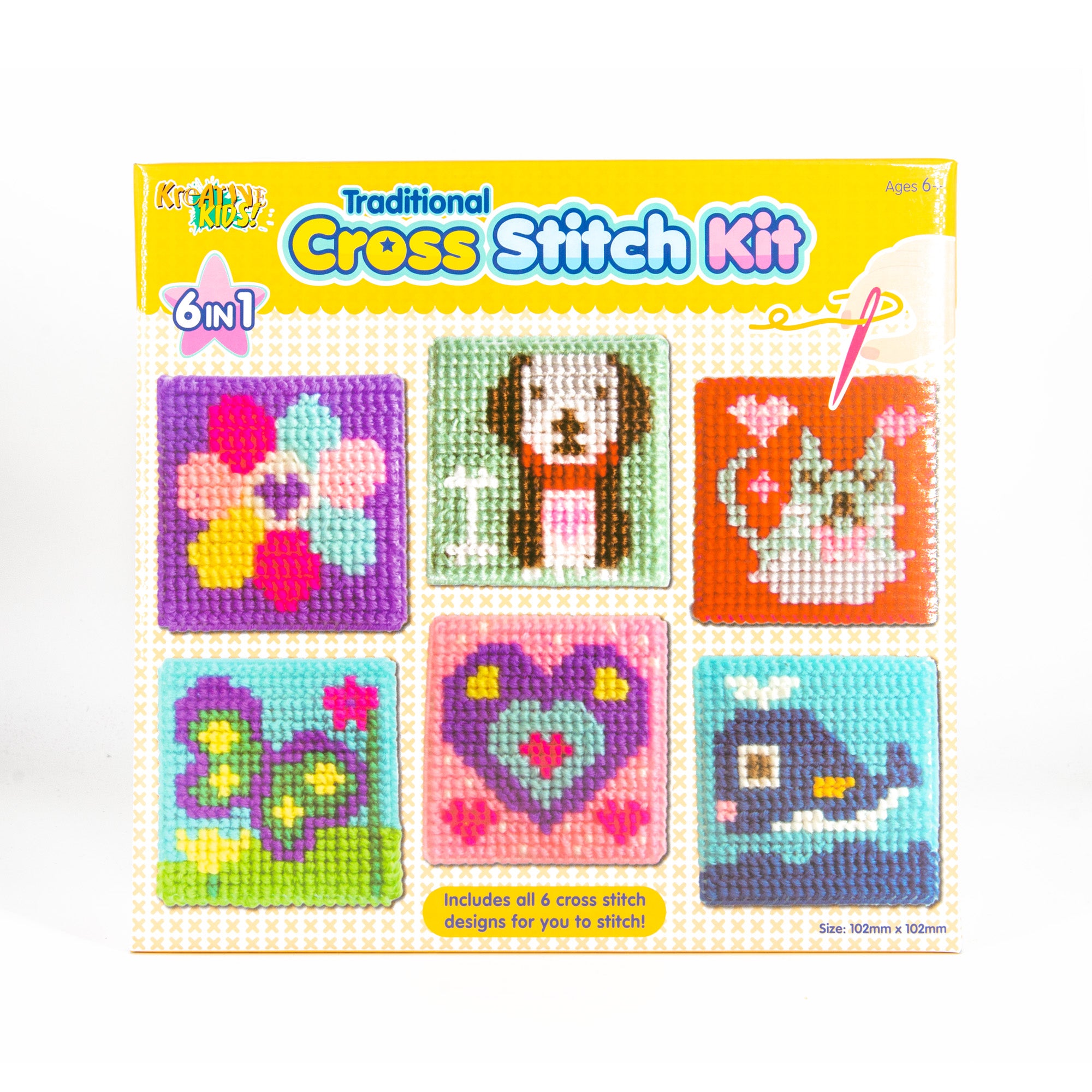 Kreative Kids 6-in-1 Cross Stitch Kit | 6 assorted embroidery boards with 36 coloured threads included | Children’s Craft Kit