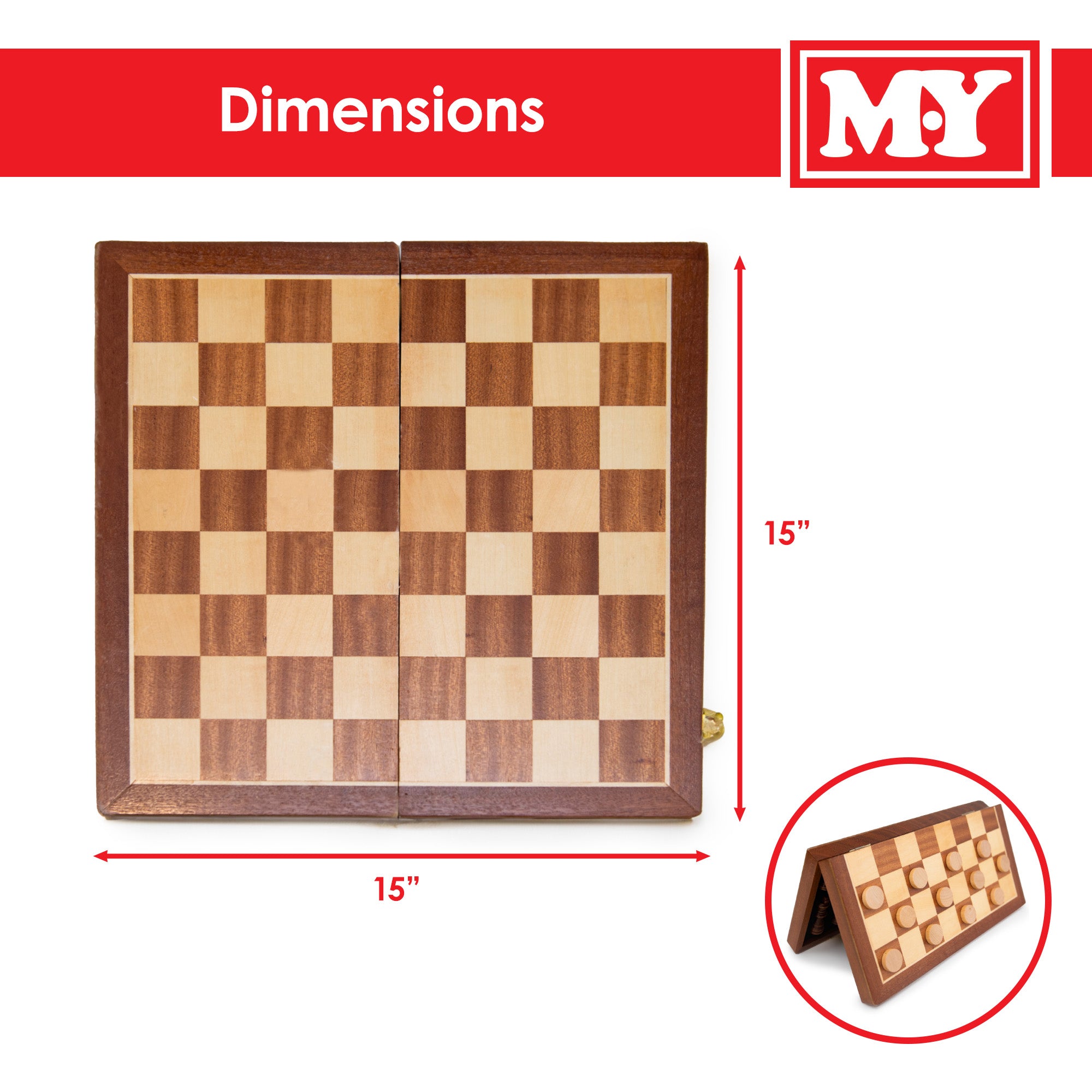 M.Y Premium 15" Wooden Magnetic Chess Set | Traditional Chess Board Game with Draughts for Kids & Adults