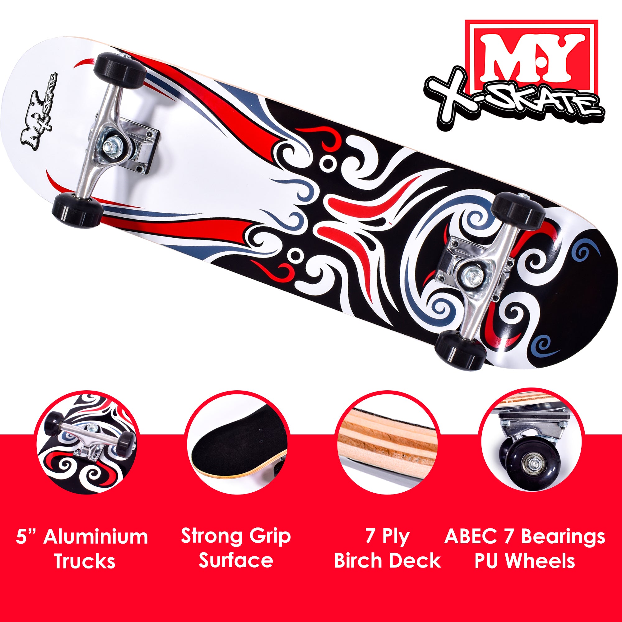 M.Y X-Skate Complete Skateboard 31" Double Kick Beginner Skateboard for Kids Teenagers & Adults 7 Ply Maple Deck ABEC 7 Bearings for tricks and skateparks
