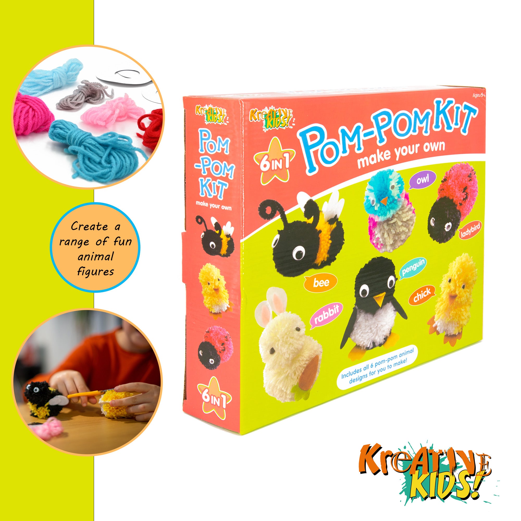 Kreative Kids Pom-Pom Animal Craft Kit | 6 Animals to Create - Bee, Owl, Ladybird and More!