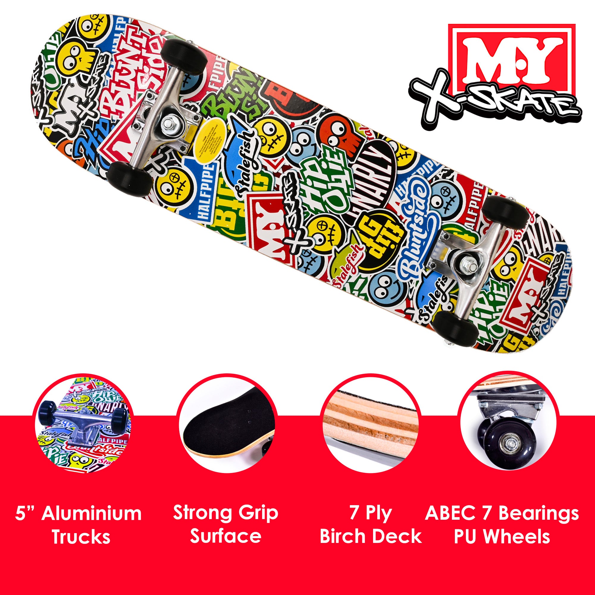 M.Y X-Skate Complete Skateboard 31" Double Kick Beginner Skateboard for Kids Teenagers & Adults 7 Ply Maple Deck ABEC 7 Bearings for tricks and skateparks