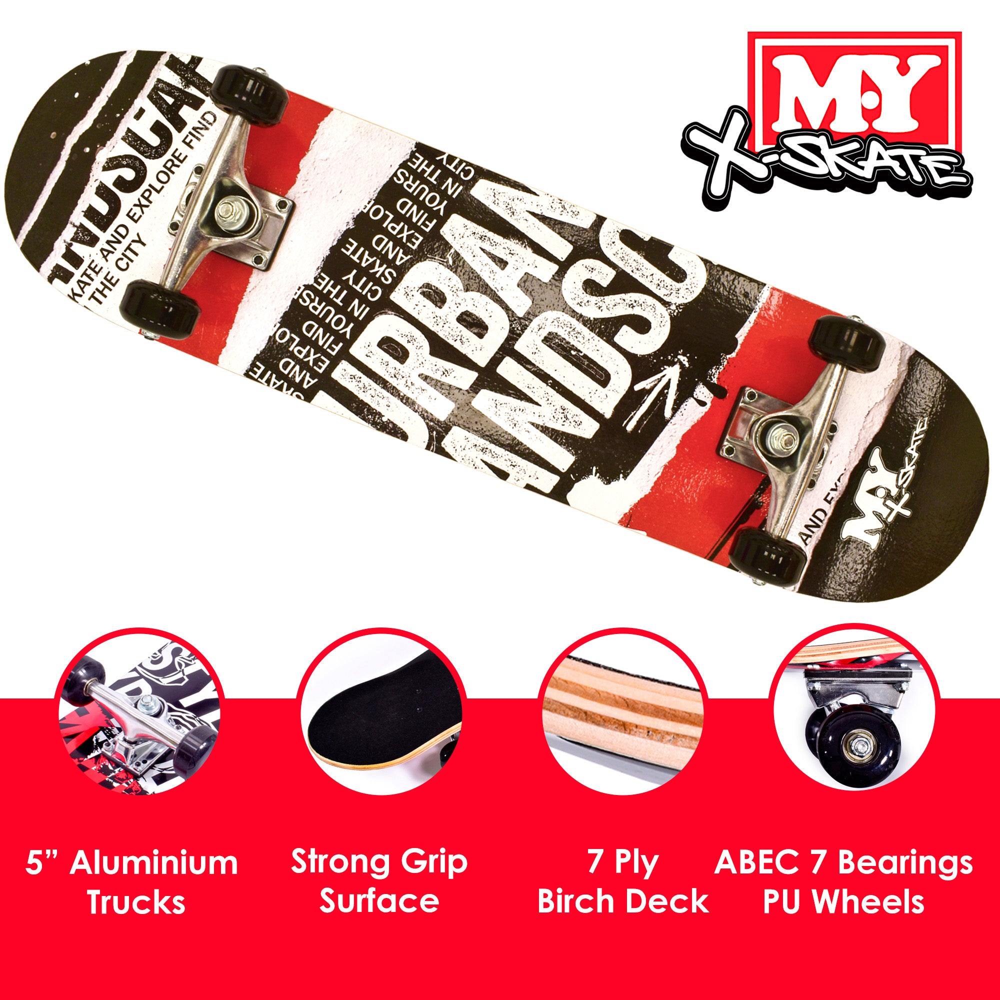 M.Y X-Skate Complete Skateboard 31" Double Kick Beginner Skateboard for Kids Teenagers & Adults 7 Ply Maple Deck ABEC 7 Bearings for tricks and skateparks