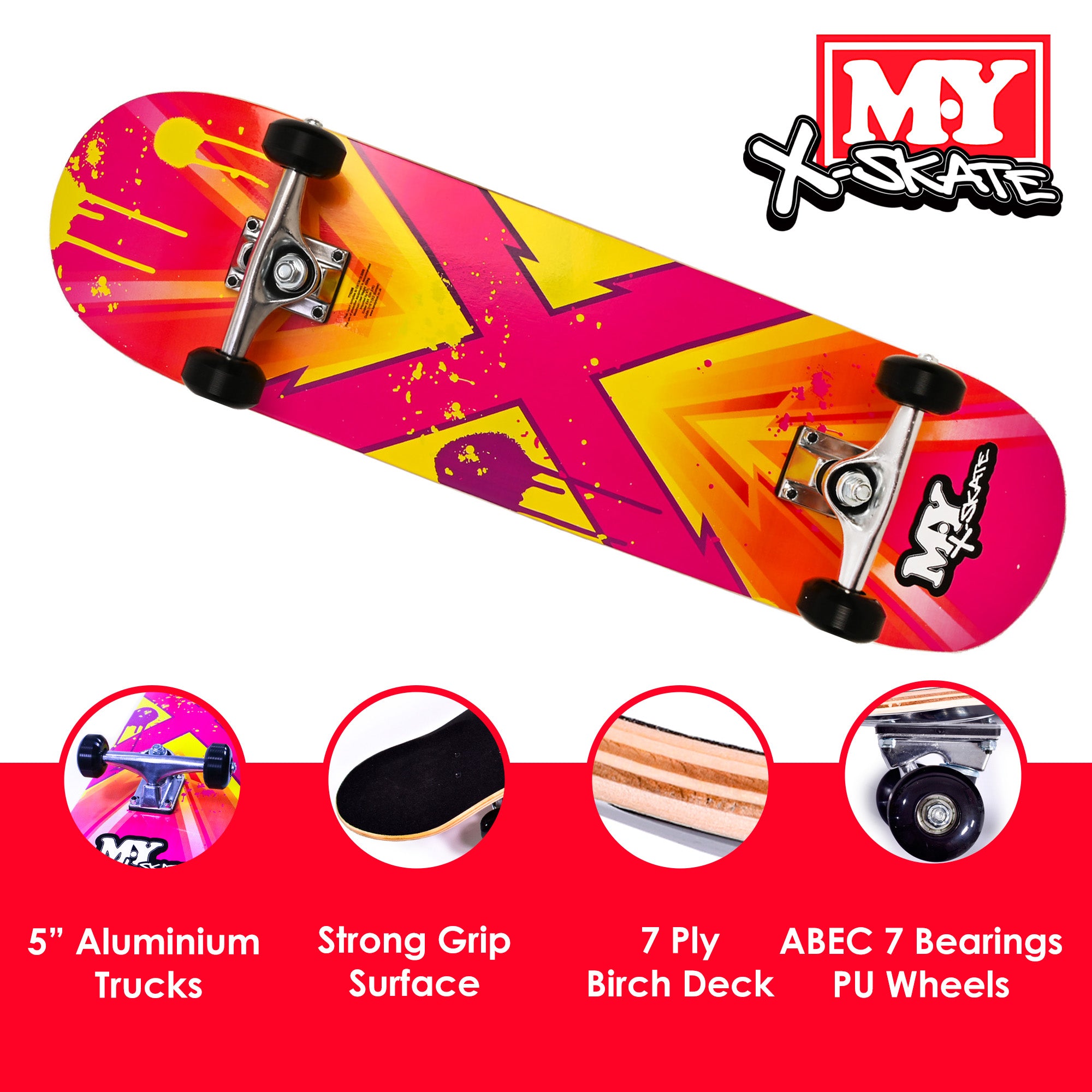 M.Y X-Skate Complete Skateboard 31" Double Kick Beginner Skateboard for Kids Teenagers & Adults 7 Ply Maple Deck ABEC 7 Bearings for tricks and skateparks