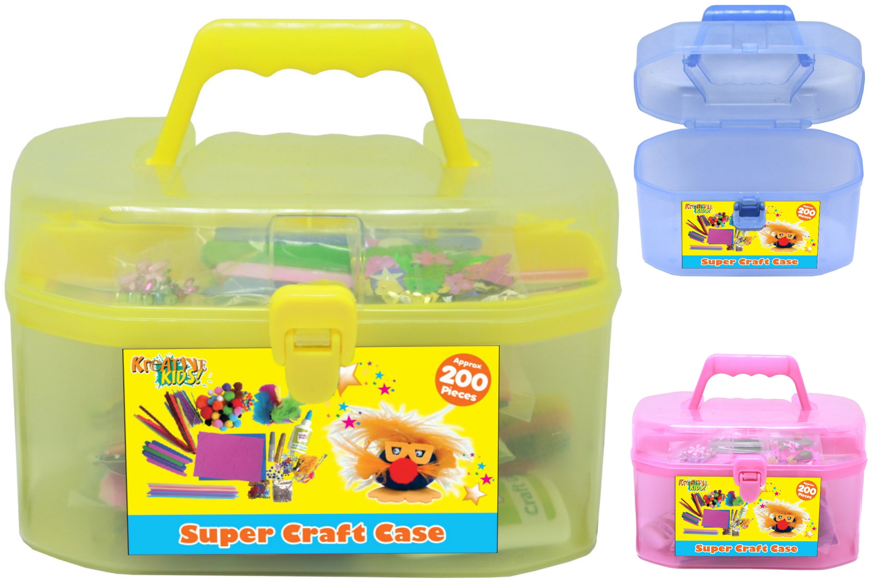 Kreative Kids Craft Carry Case Set | Art and Craft Equipment including Poms-Poms Glitter Pipe Cleaners | 3 Assorted Case Colours