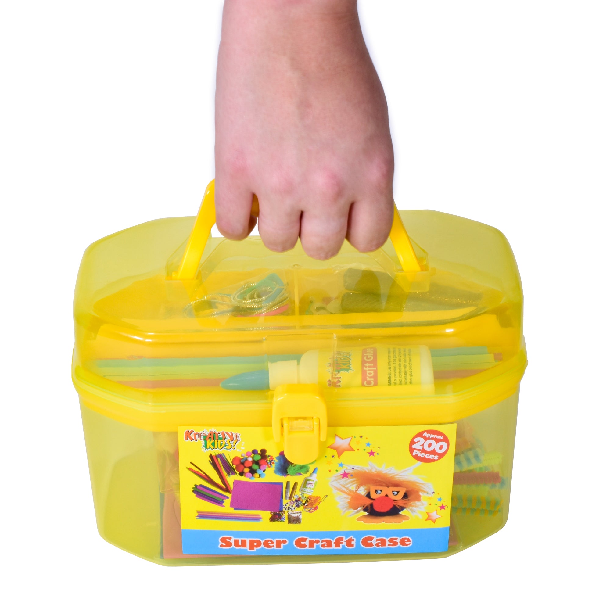 Kreative Kids Craft Carry Case Set | Art and Craft Equipment including Poms-Poms Glitter Pipe Cleaners | 3 Assorted Case Colours