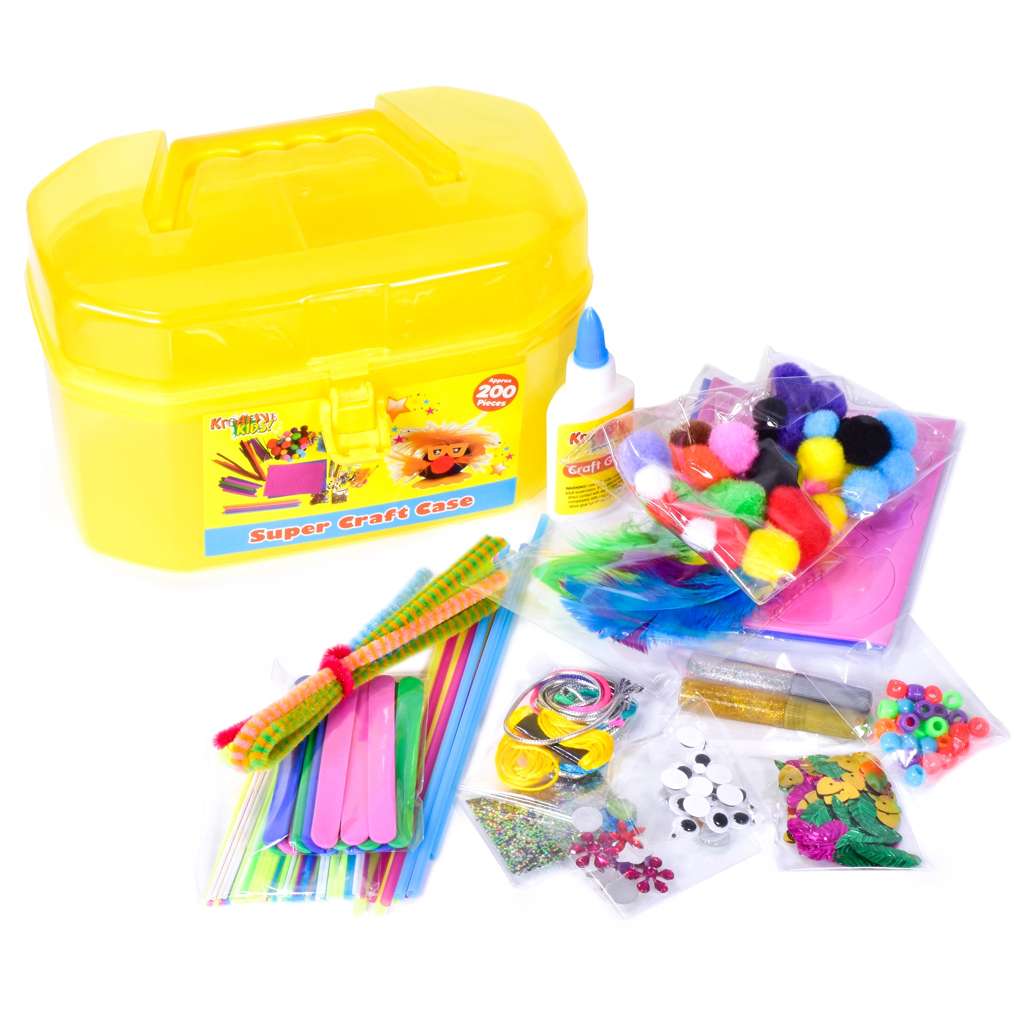 Kreative Kids Craft Carry Case Set | Art and Craft Equipment including Poms-Poms Glitter Pipe Cleaners | 3 Assorted Case Colours
