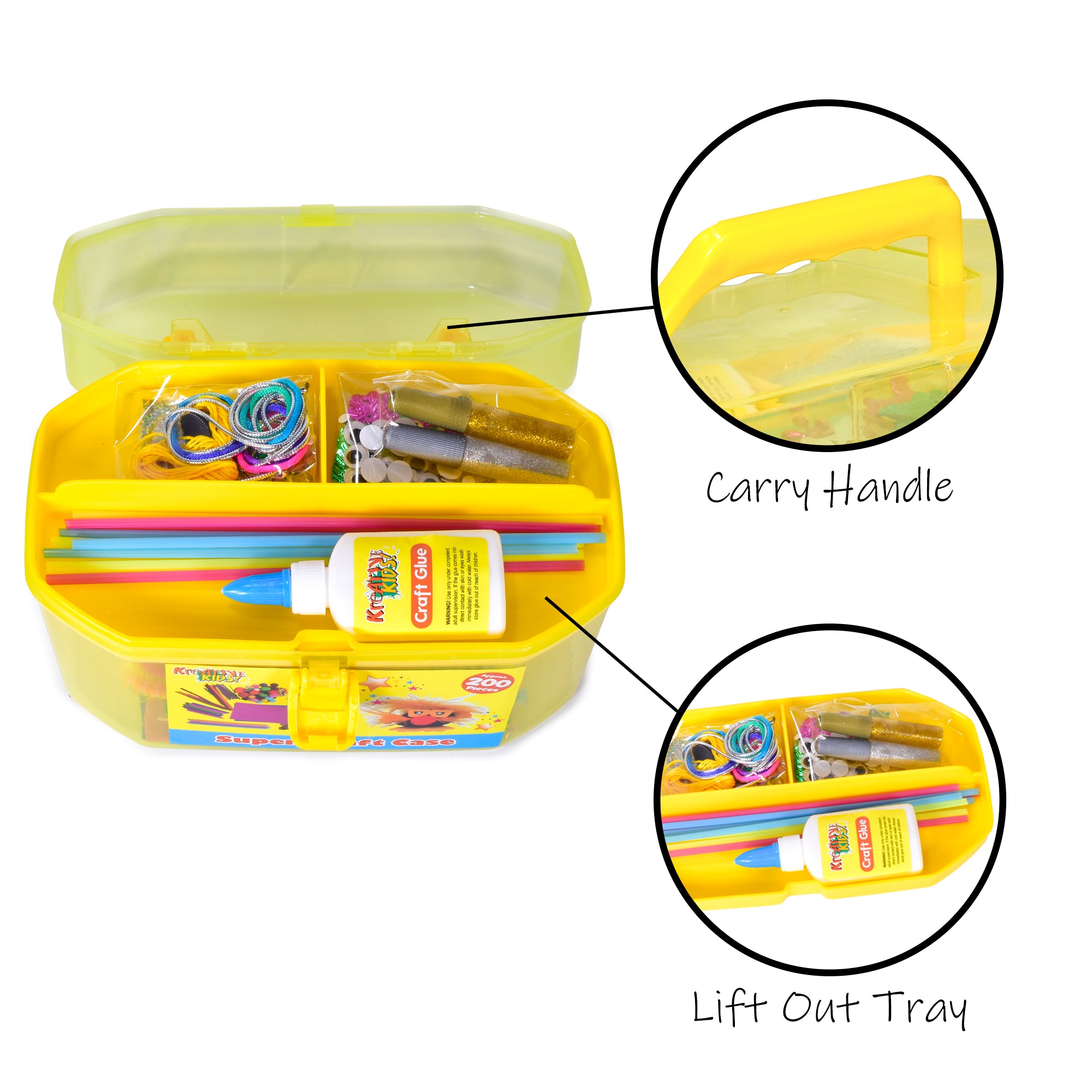 Kreative Kids Craft Carry Case Set | Art and Craft Equipment including Poms-Poms Glitter Pipe Cleaners | 3 Assorted Case Colours
