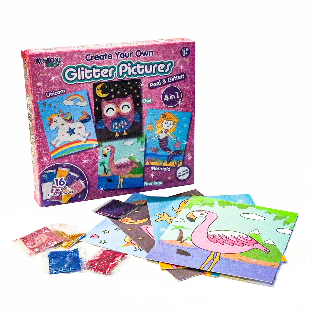 Kreative Kids Create Your Own Glitter Pictures | Kid's Craft Kit | Unicorn, Owl, Flamingo and Mermaid