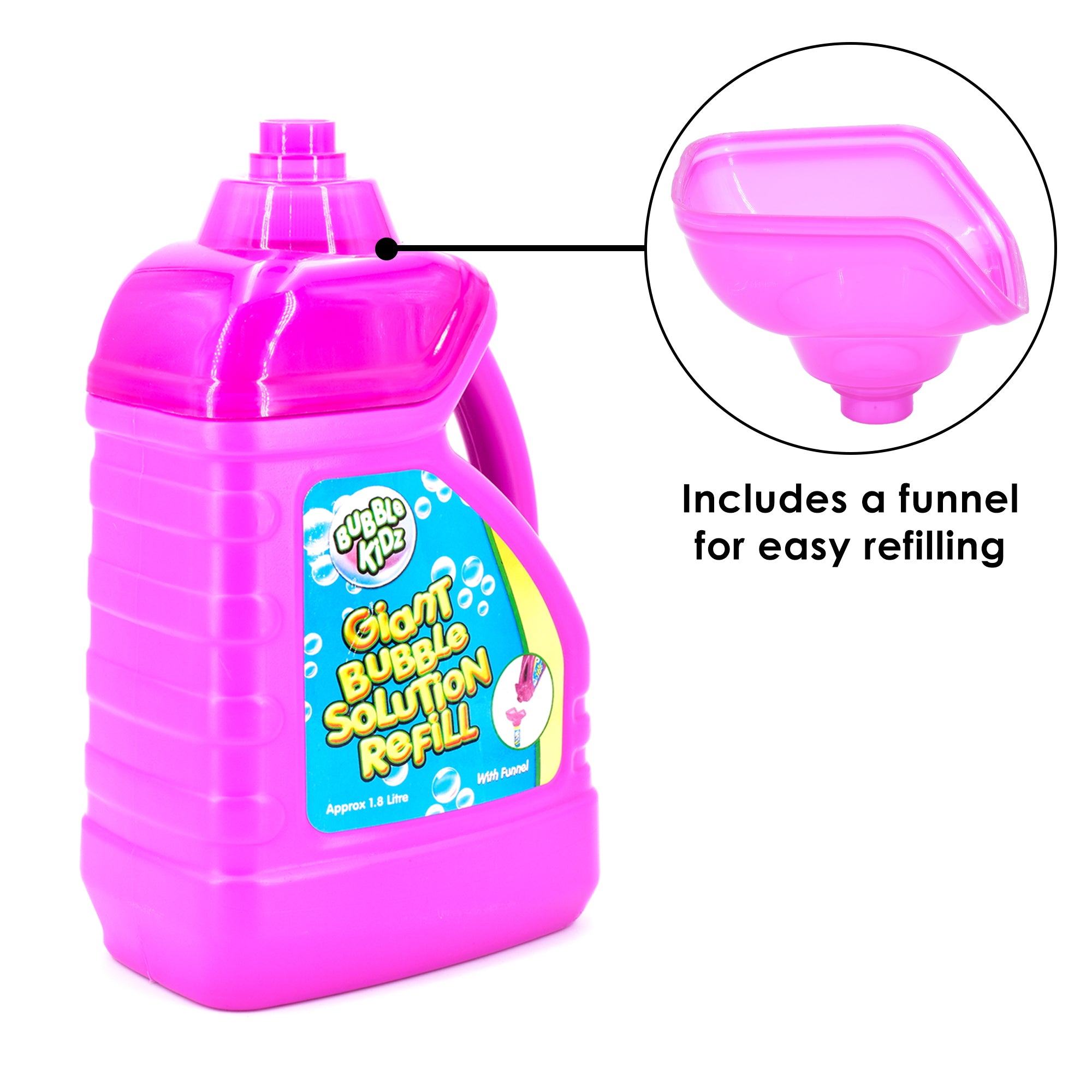 Bubble Kidz 1.8 Litre Bubble Mixture Liquid Solution Refill Bottle with Pouring Funnel