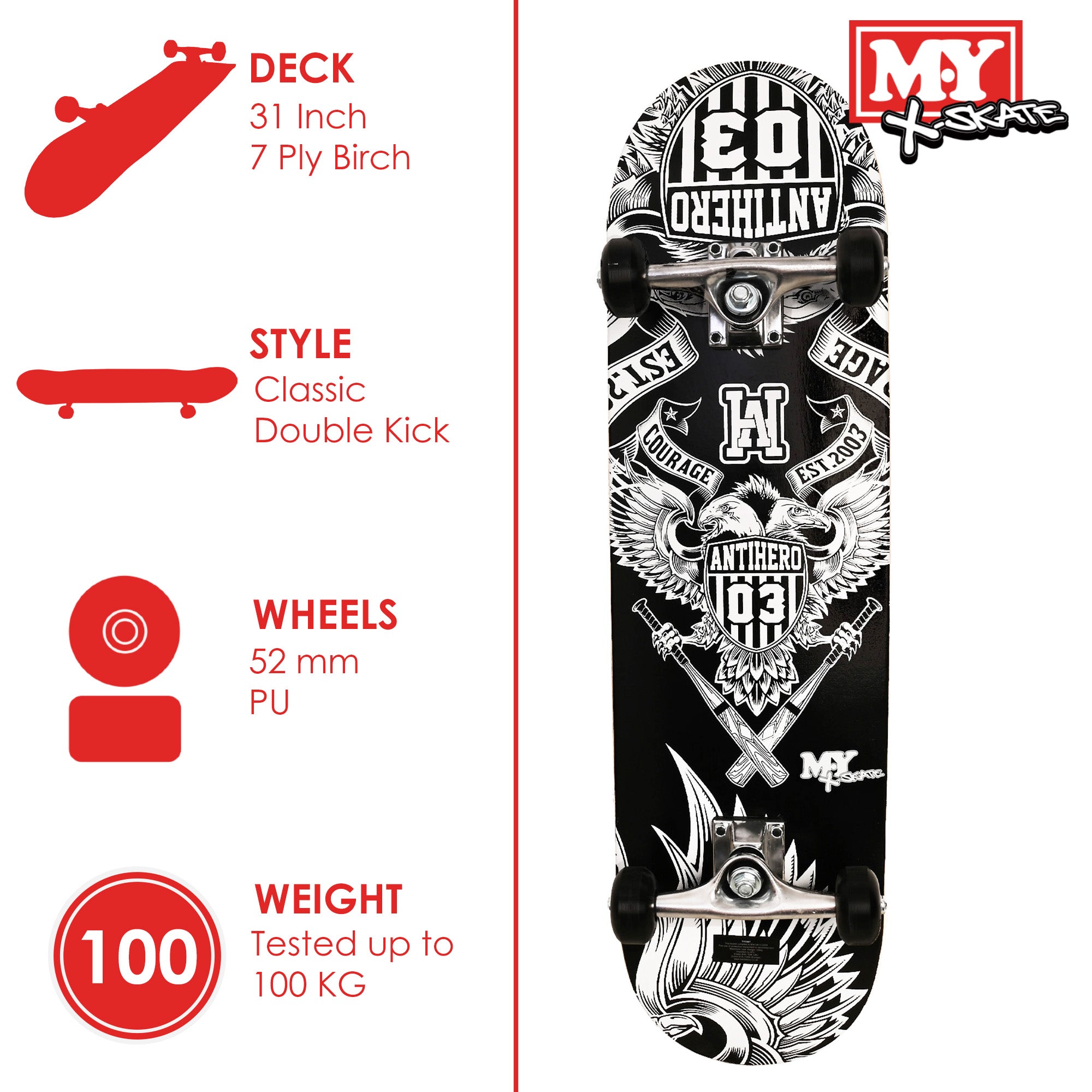 M.Y X-Skate Complete Skateboard 31" Double Kick Beginner Skateboard for Kids Teenagers & Adults 7 Ply Maple Deck ABEC 7 Bearings for tricks and skateparks
