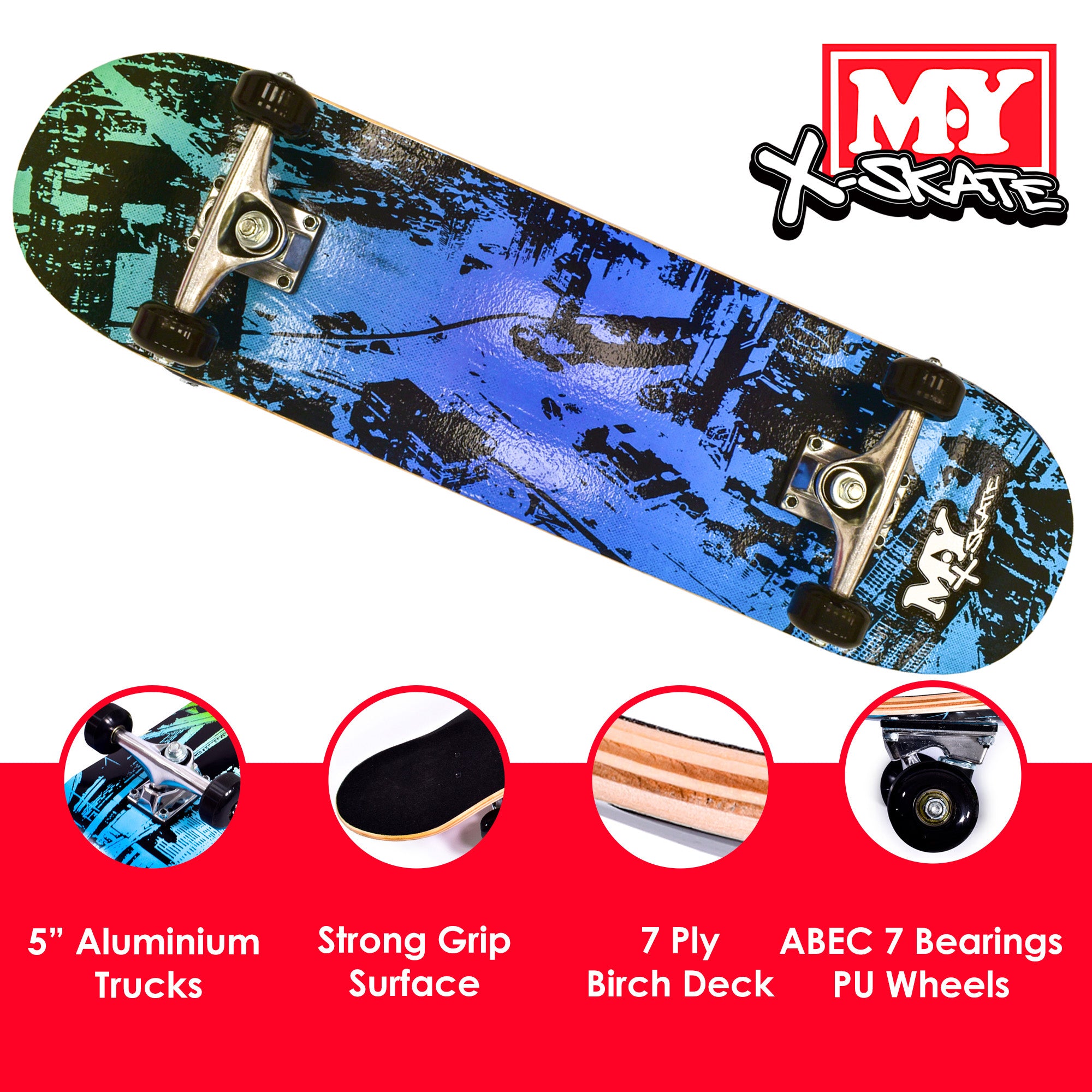 M.Y X-Skate Complete Skateboard 31" Double Kick Beginner Skateboard for Kids Teenagers & Adults 7 Ply Maple Deck ABEC 7 Bearings for tricks and skateparks