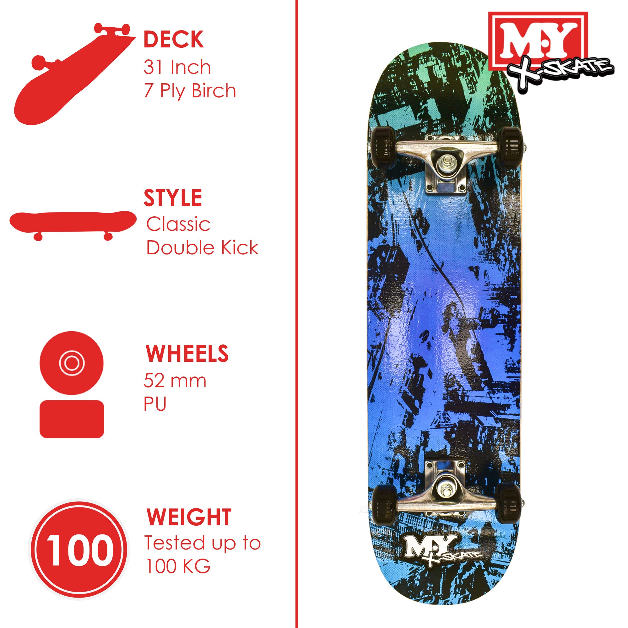 M.Y X-Skate Complete Skateboard 31" Double Kick Beginner Skateboard for Kids Teenagers & Adults 7 Ply Maple Deck ABEC 7 Bearings for tricks and skateparks