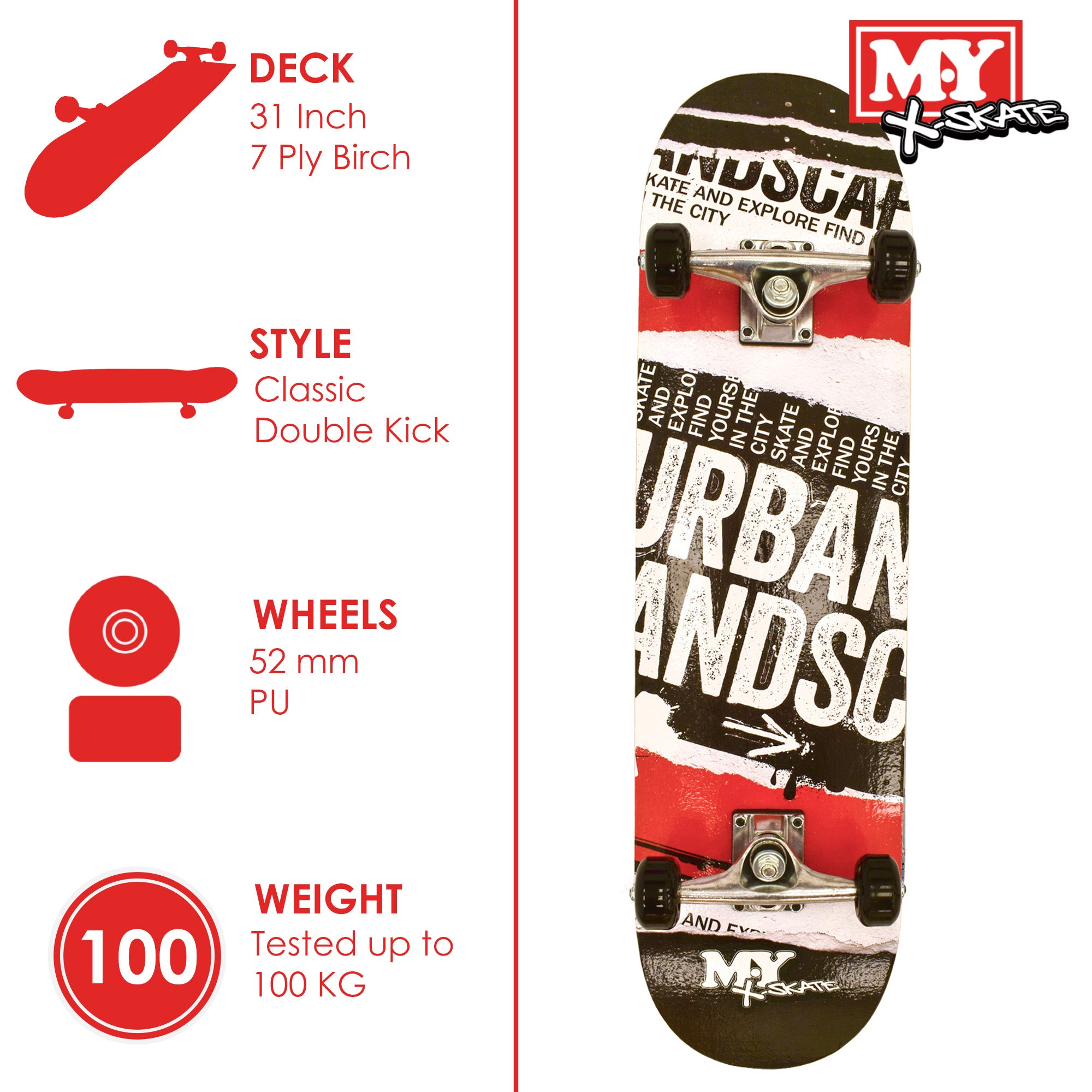 M.Y X-Skate Complete Skateboard 31" Double Kick Beginner Skateboard for Kids Teenagers & Adults 7 Ply Maple Deck ABEC 7 Bearings for tricks and skateparks