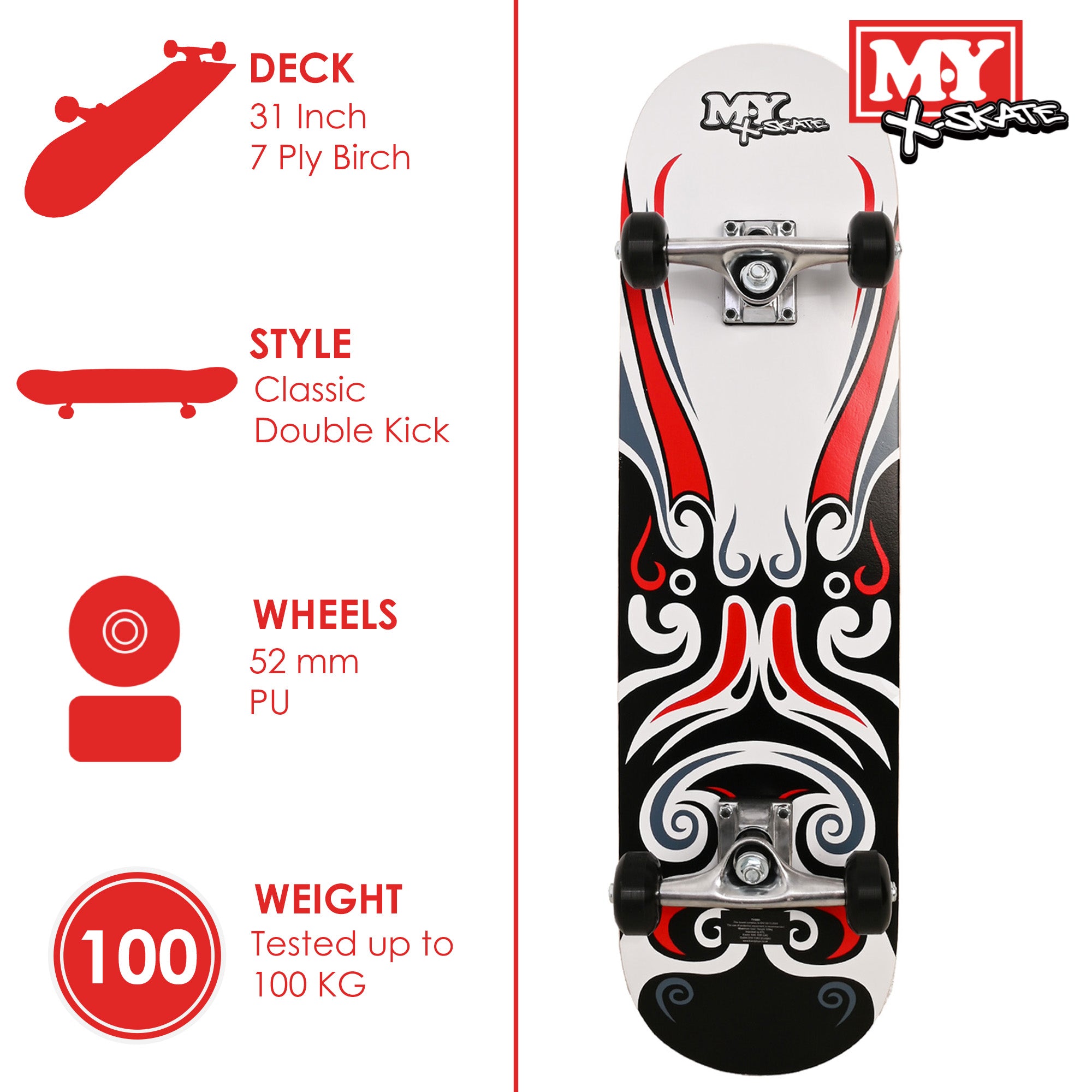 M.Y X-Skate Complete Skateboard 31" Double Kick Beginner Skateboard for Kids Teenagers & Adults 7 Ply Maple Deck ABEC 7 Bearings for tricks and skateparks