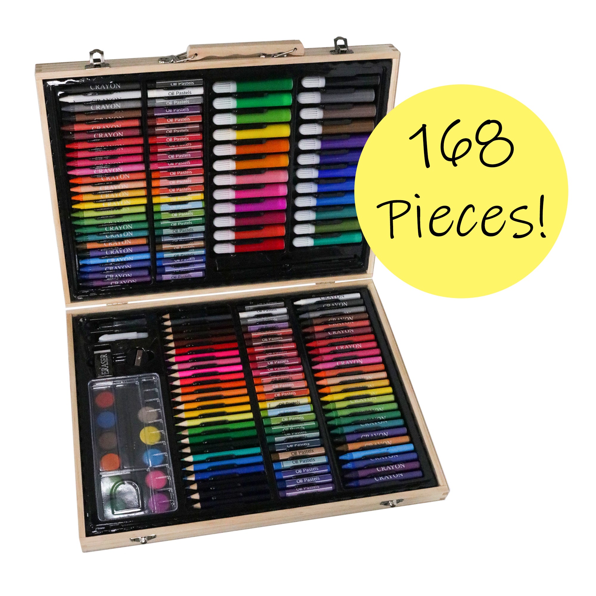 Kreative Kids 168 Piece Traditional Wooden Kids Art Set - Fold Out Art Box with Pens; Pencils; Crayons