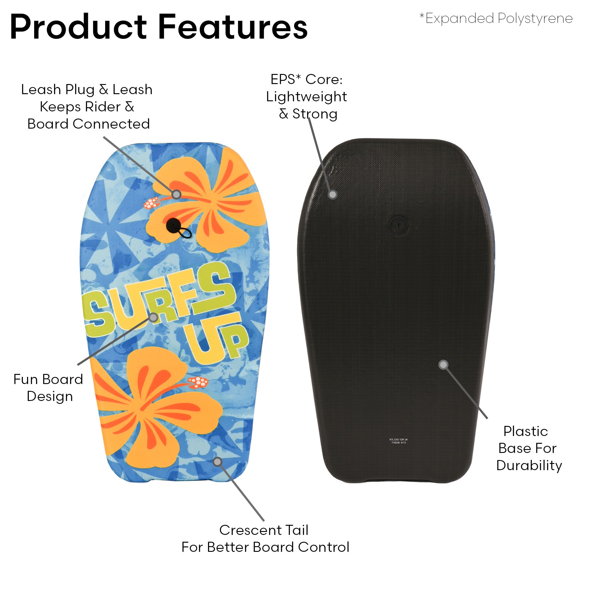 KandyToys 33" EPS Kids Bodyboard Complete with Safety Leash