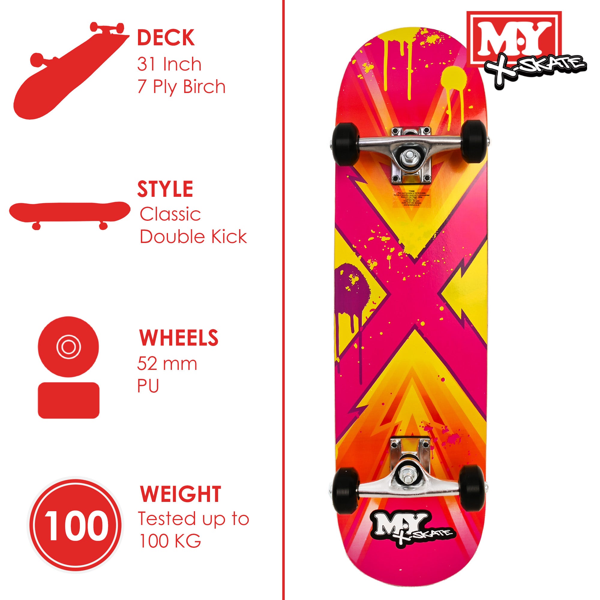 M.Y X-Skate Complete Skateboard 31" Double Kick Beginner Skateboard for Kids Teenagers & Adults 7 Ply Maple Deck ABEC 7 Bearings for tricks and skateparks