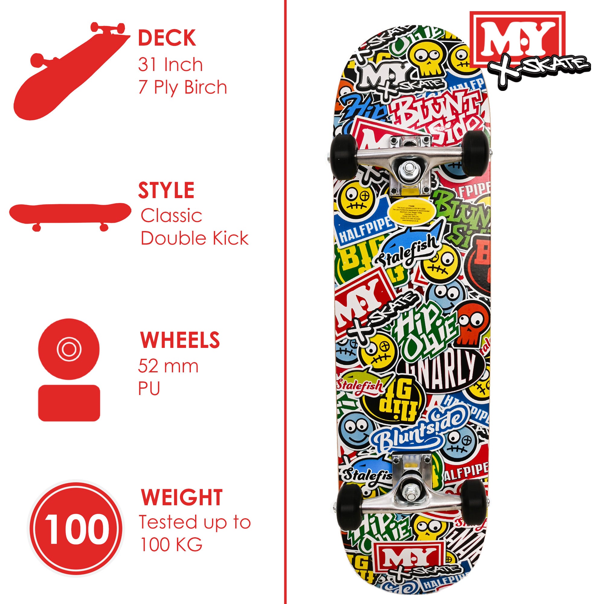 M.Y X-Skate Complete Skateboard 31" Double Kick Beginner Skateboard for Kids Teenagers & Adults 7 Ply Maple Deck ABEC 7 Bearings for tricks and skateparks