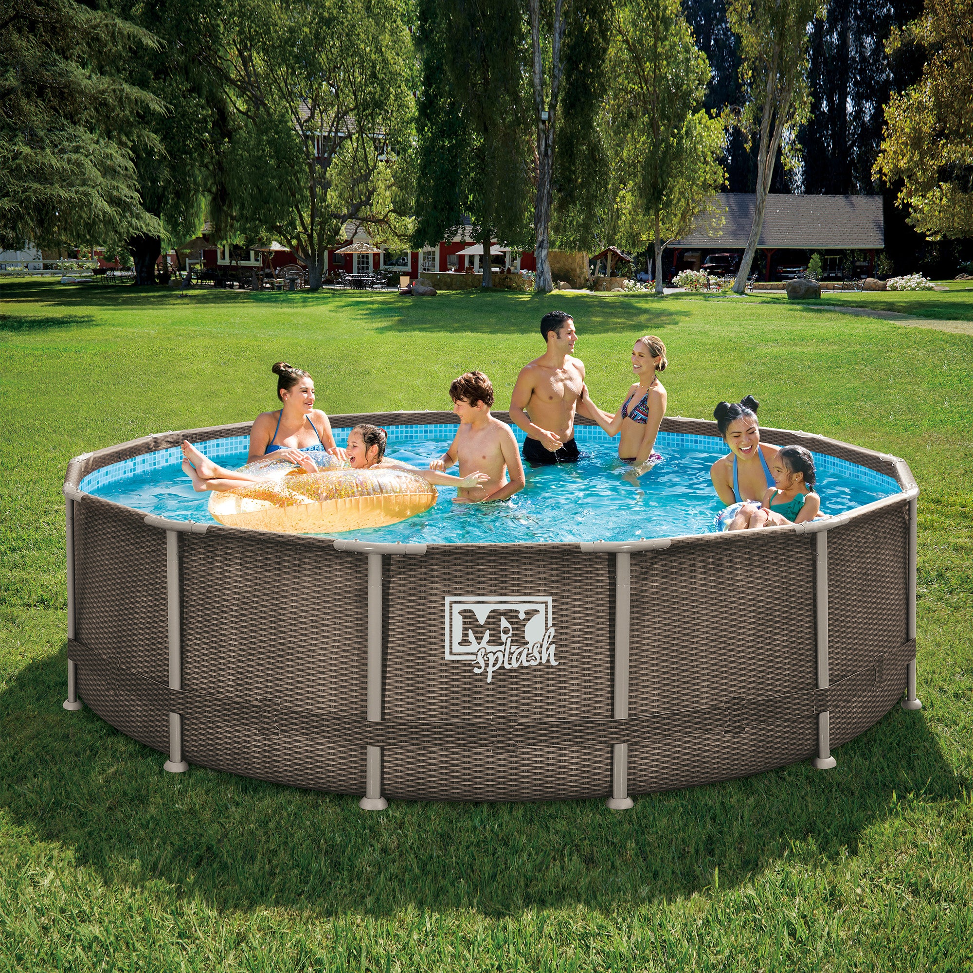 M.Y Splash 14ft x 42in Rattan Finish Metal Frame Swimming Pool Set with Filter Pump Ladder Pool Cover Ground Sheet 14ft Swimming Pool