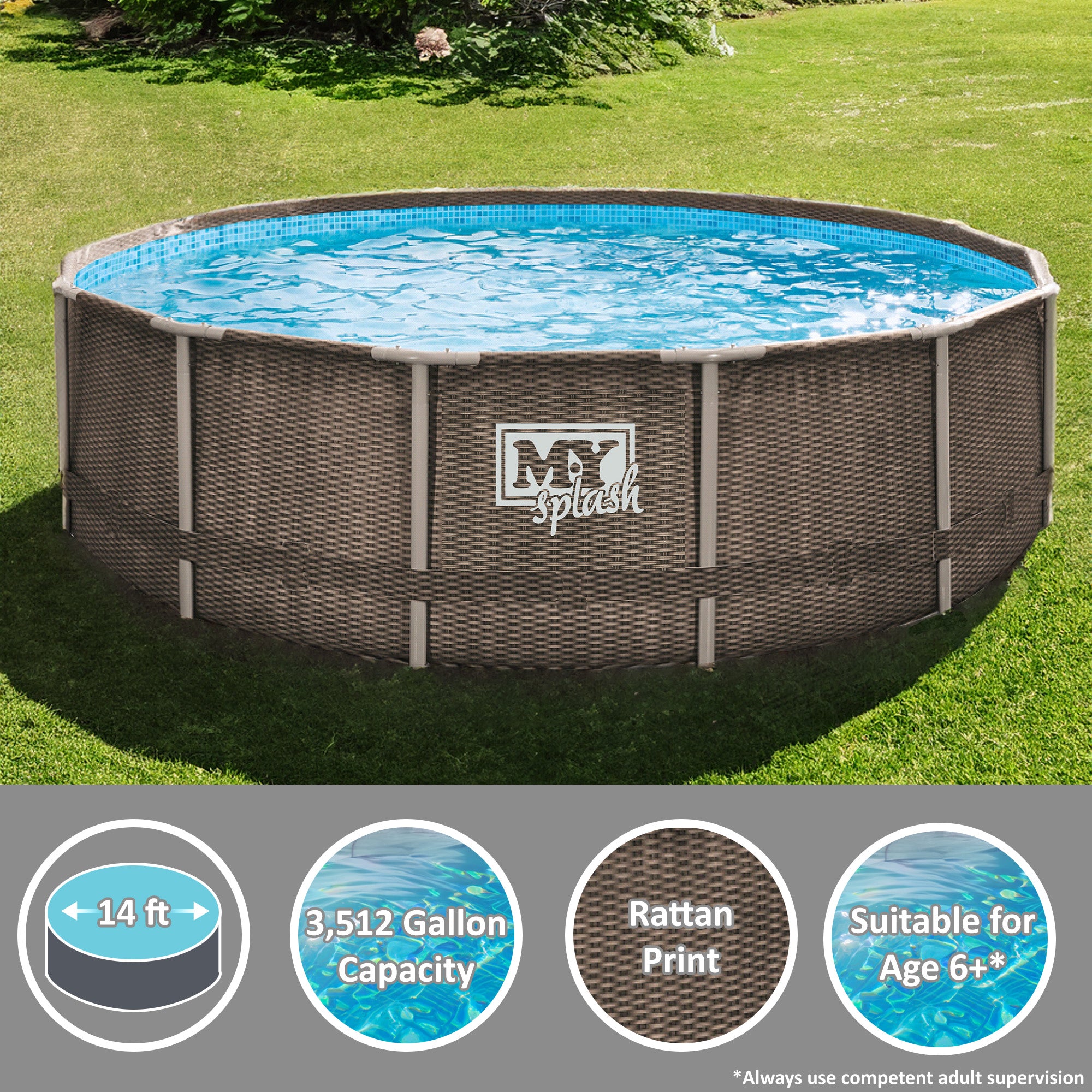M.Y Splash 14ft x 42in Rattan Finish Metal Frame Swimming Pool Set with Filter Pump Ladder Pool Cover Ground Sheet 14ft Swimming Pool
