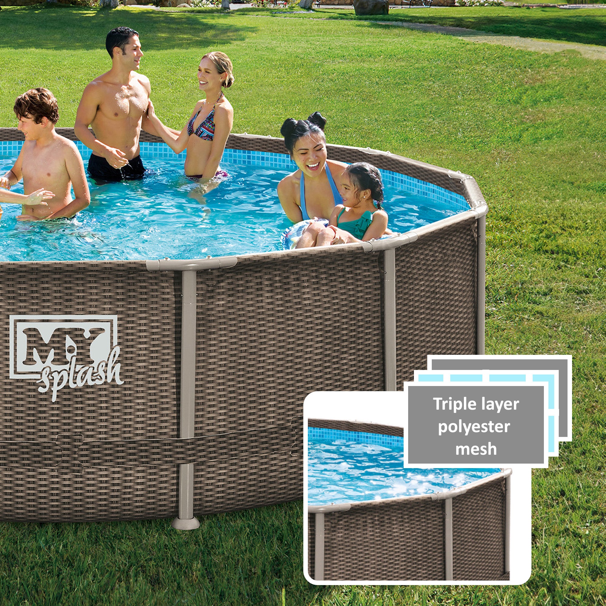 M.Y Splash 14ft x 42in Rattan Finish Metal Frame Swimming Pool Set with Filter Pump Ladder Pool Cover Ground Sheet 14ft Swimming Pool