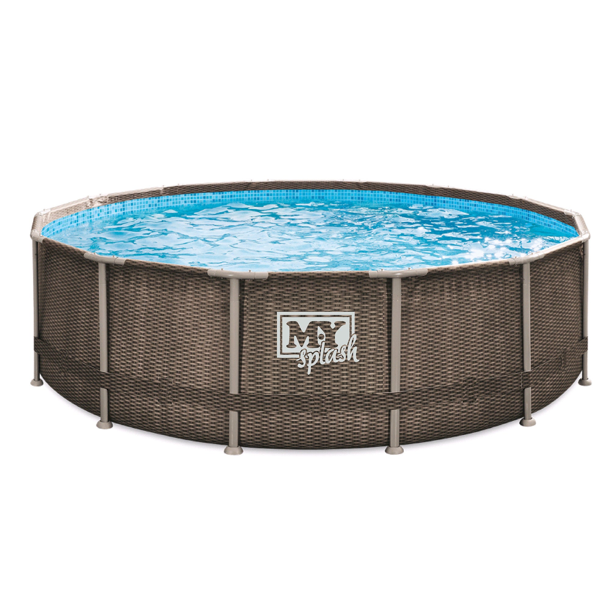 M.Y Splash 14ft x 42in Rattan Finish Metal Frame Swimming Pool Set with Filter Pump Ladder Pool Cover Ground Sheet 14ft Swimming Pool