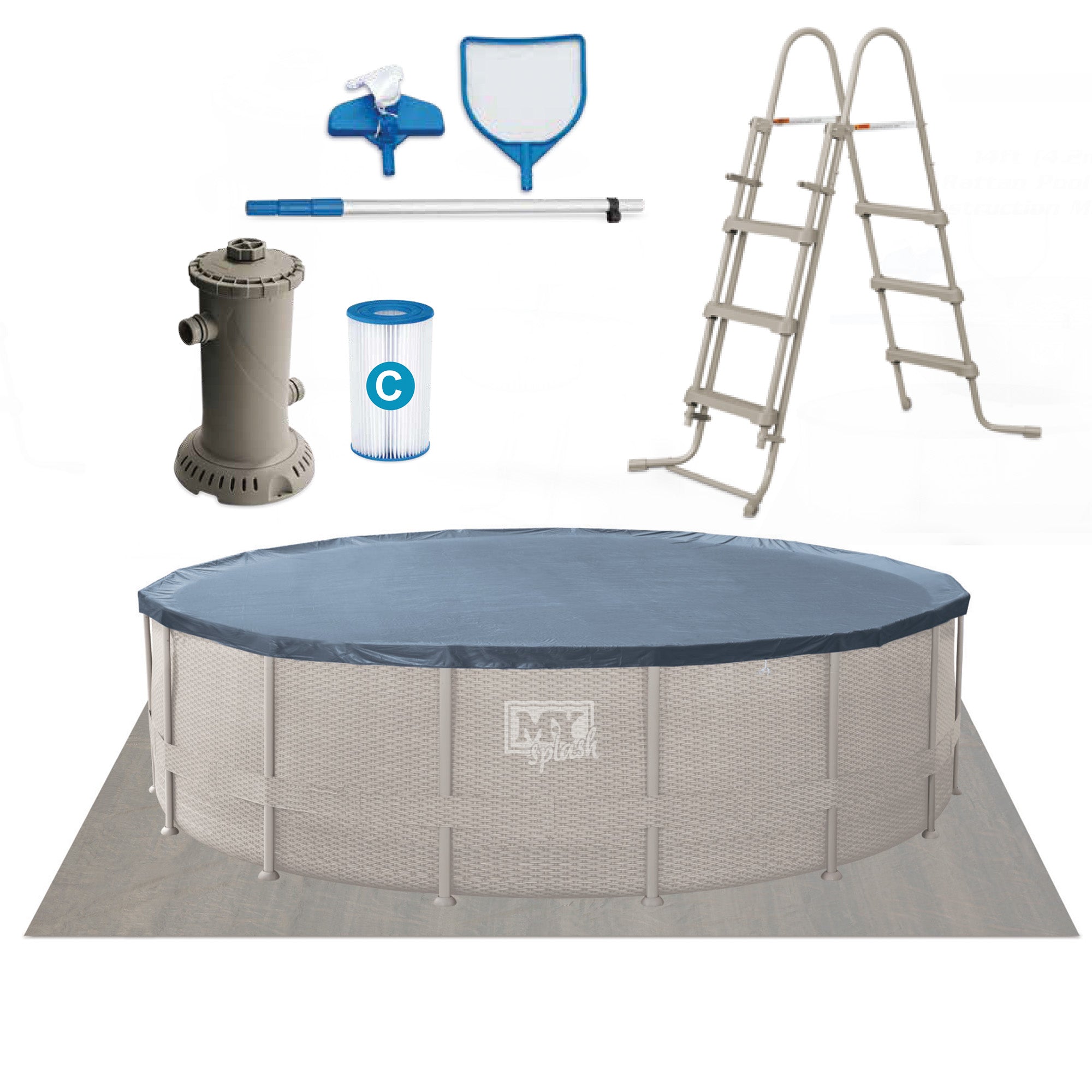 M.Y Splash 14ft x 42in Rattan Finish Metal Frame Swimming Pool Set with Filter Pump Ladder Pool Cover Ground Sheet 14ft Swimming Pool