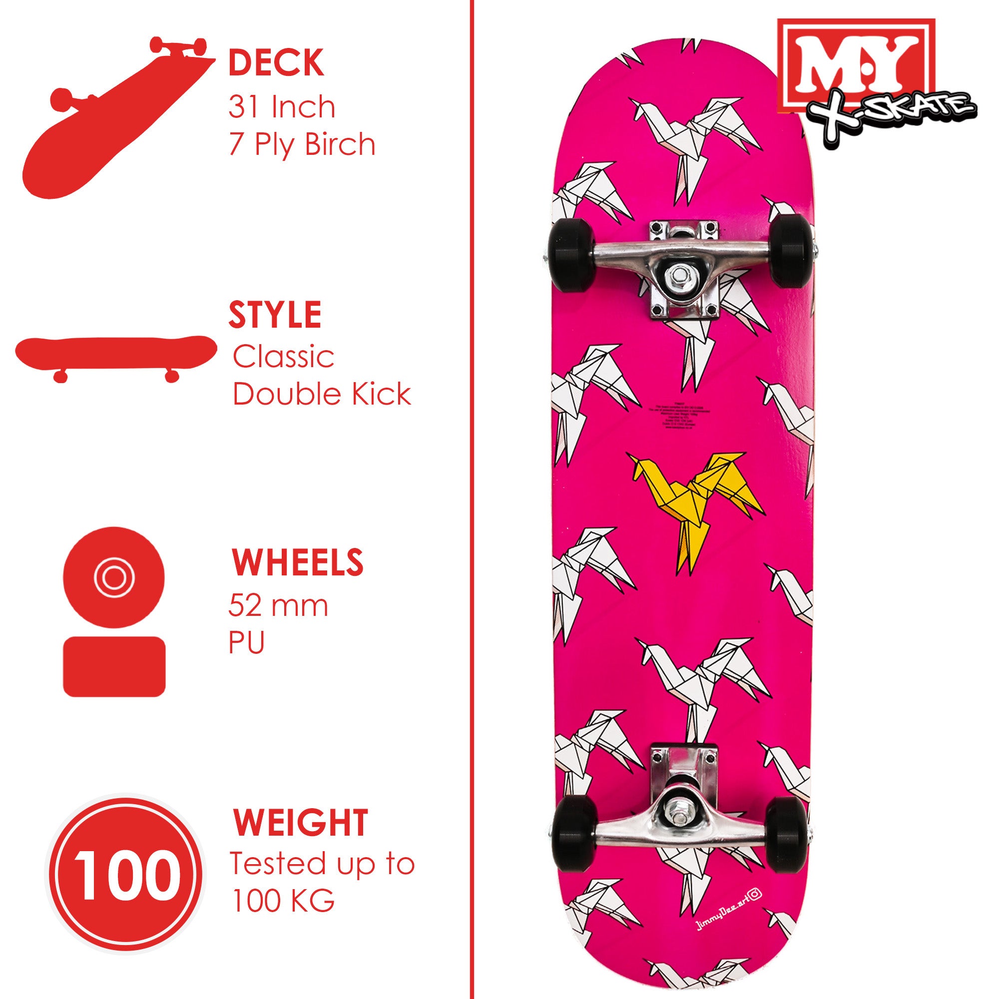 M.Y X-Skate Complete Skateboard 31" Double Kick Beginner Skateboard for Kids Teenagers & Adults 7 Ply Maple Deck ABEC 7 Bearings for tricks and skateparks