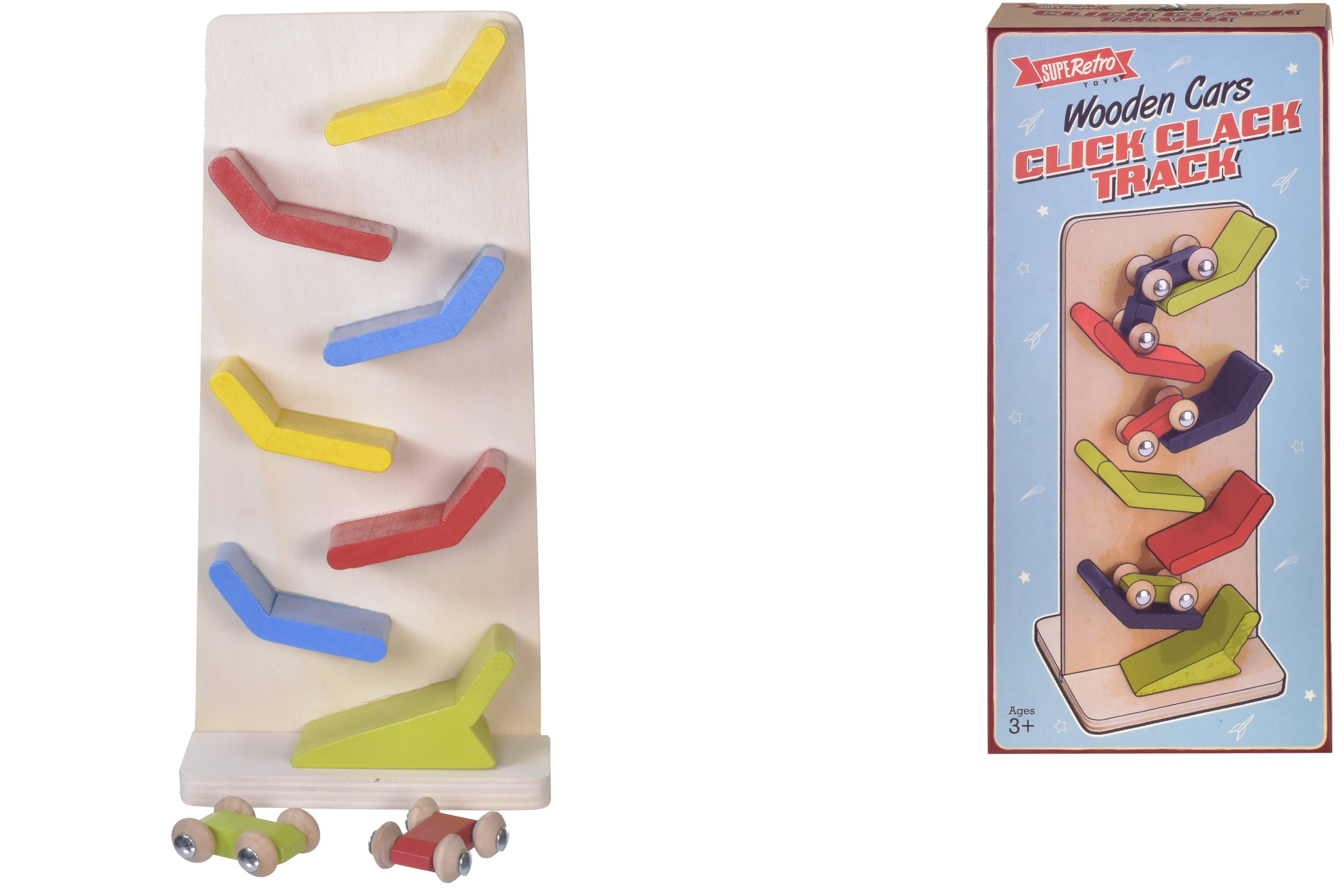 KandyToys SupeRetro Wooden Toy Cars | 'Click Clack Track' Wooden Car Playset