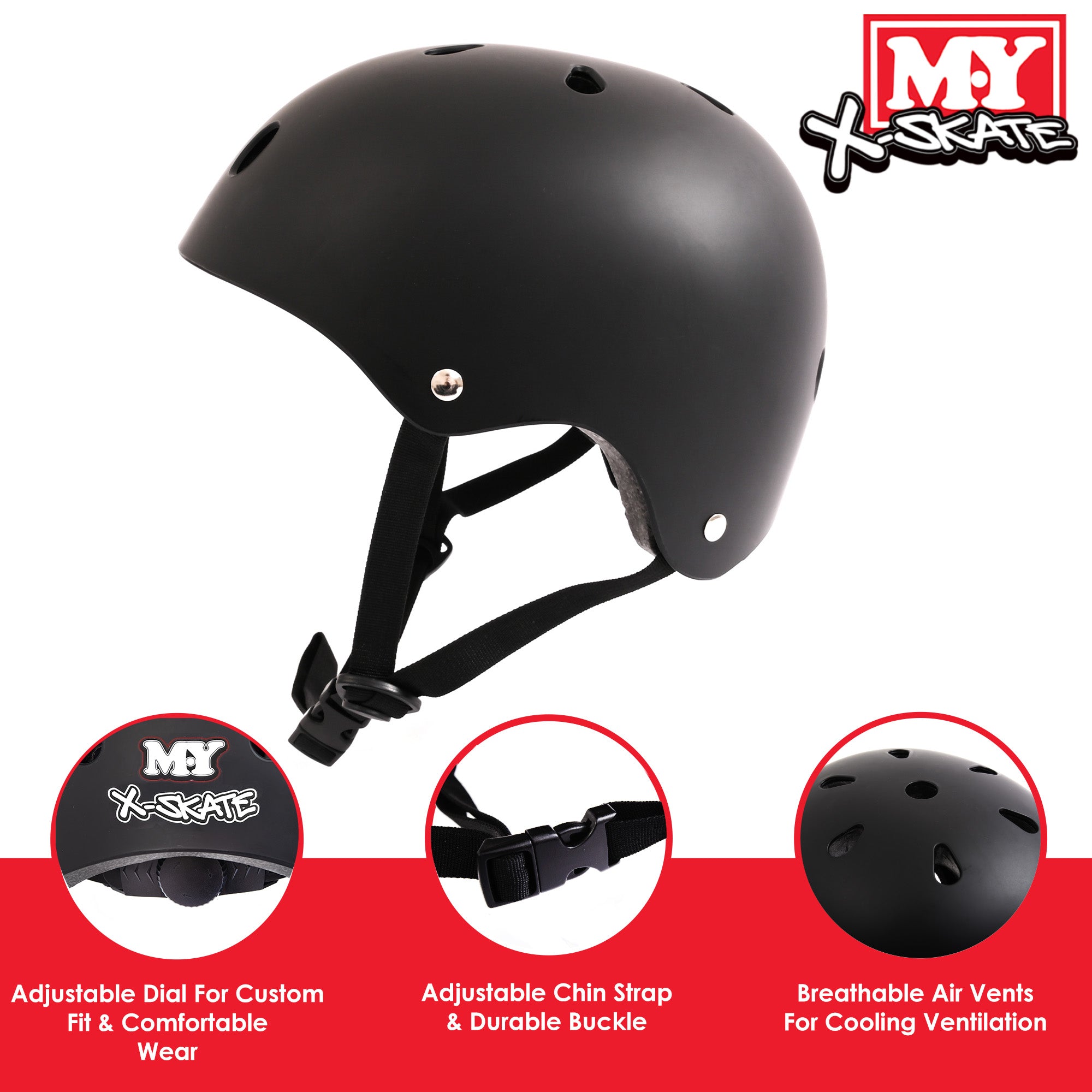 M.Y X-Skate Black Adjustable Junior Skate Helmet For BMX Cycling Scooter Skateboarding