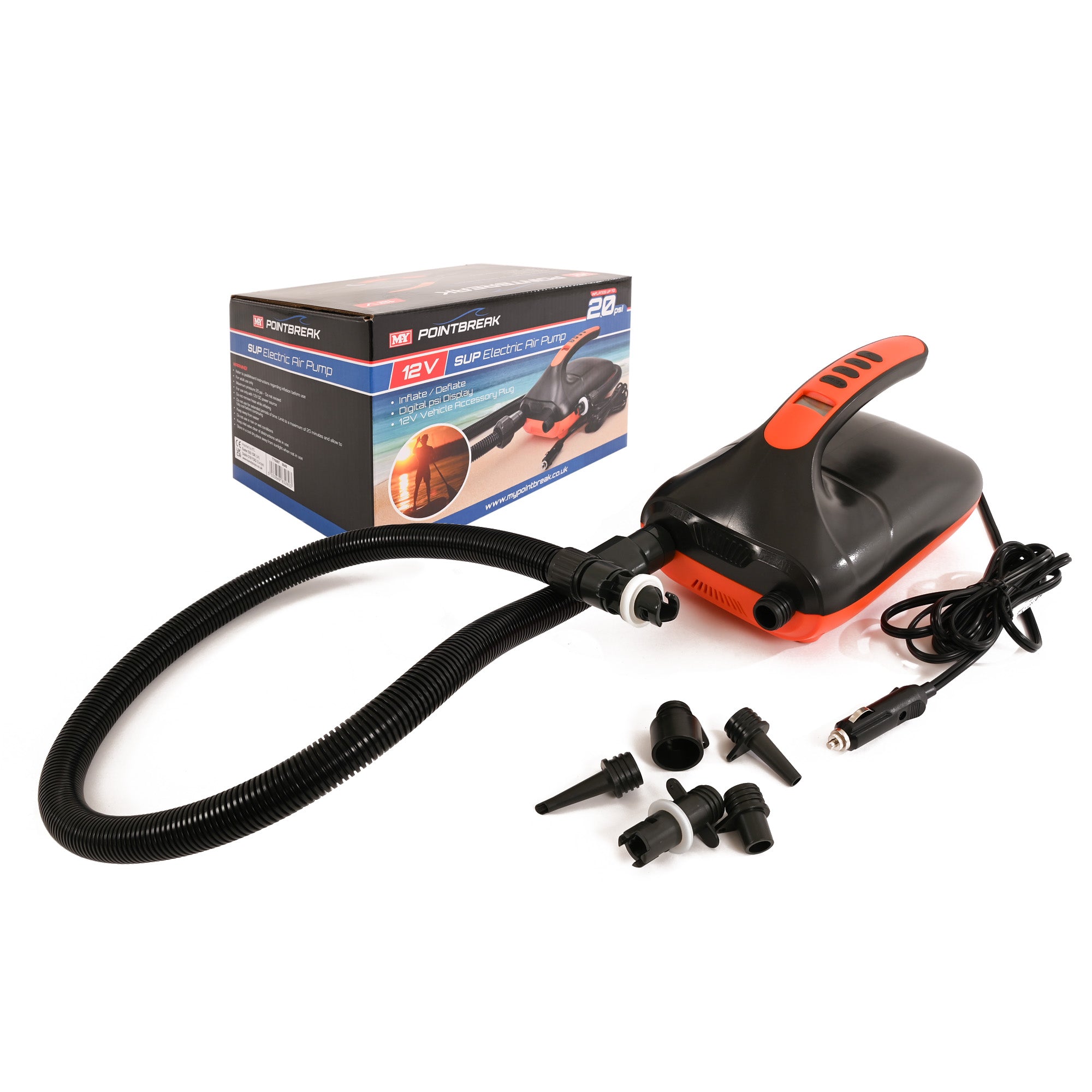 M.Y Point Break Electric SUP Pump 20PSI 12V Electric Air Pump with 6 Nozzles | Suitable for Inflation & Deflation of Paddleboards & Kayaks