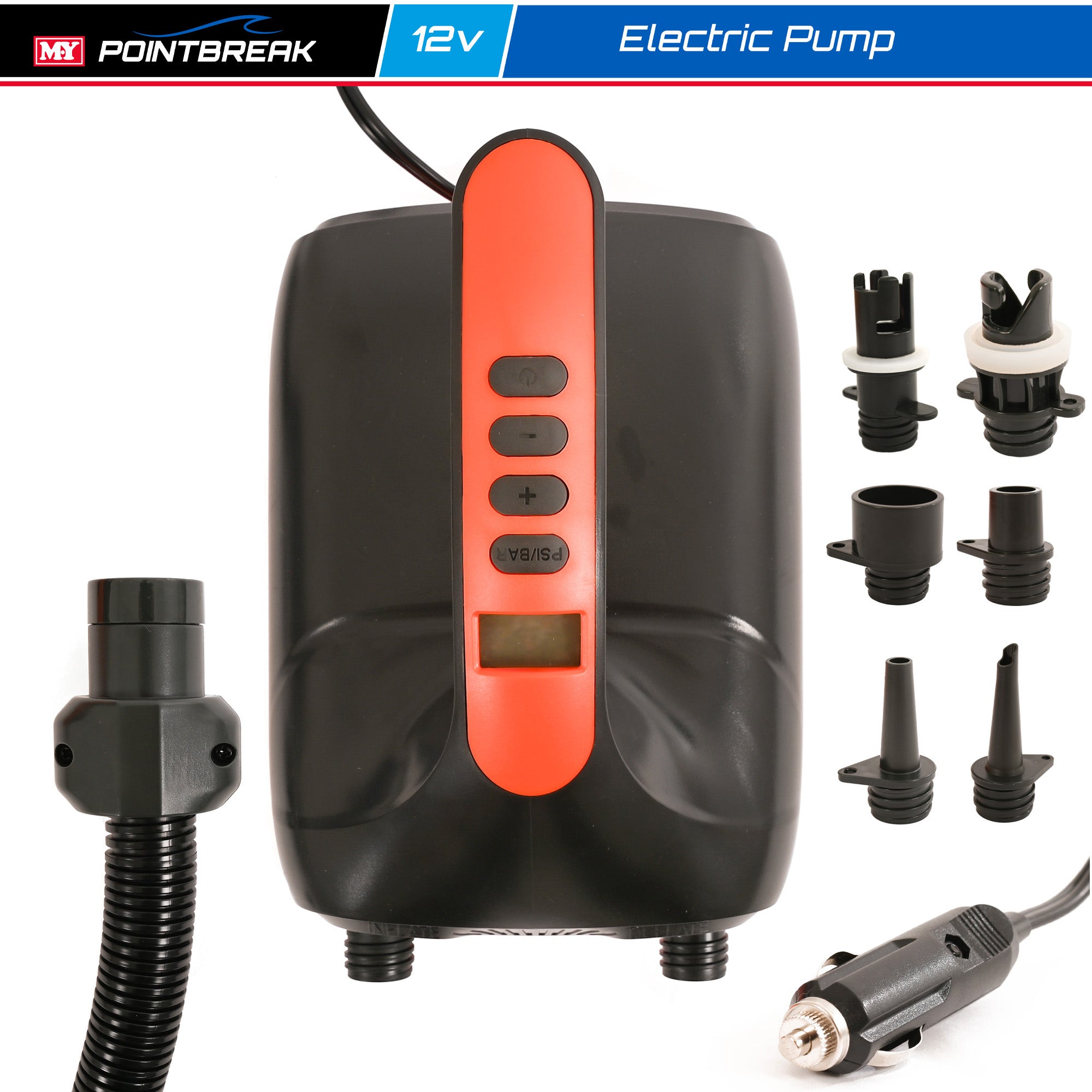 M.Y Point Break Electric SUP Pump 20PSI 12V Electric Air Pump with 6 Nozzles | Suitable for Inflation & Deflation of Paddleboards & Kayaks