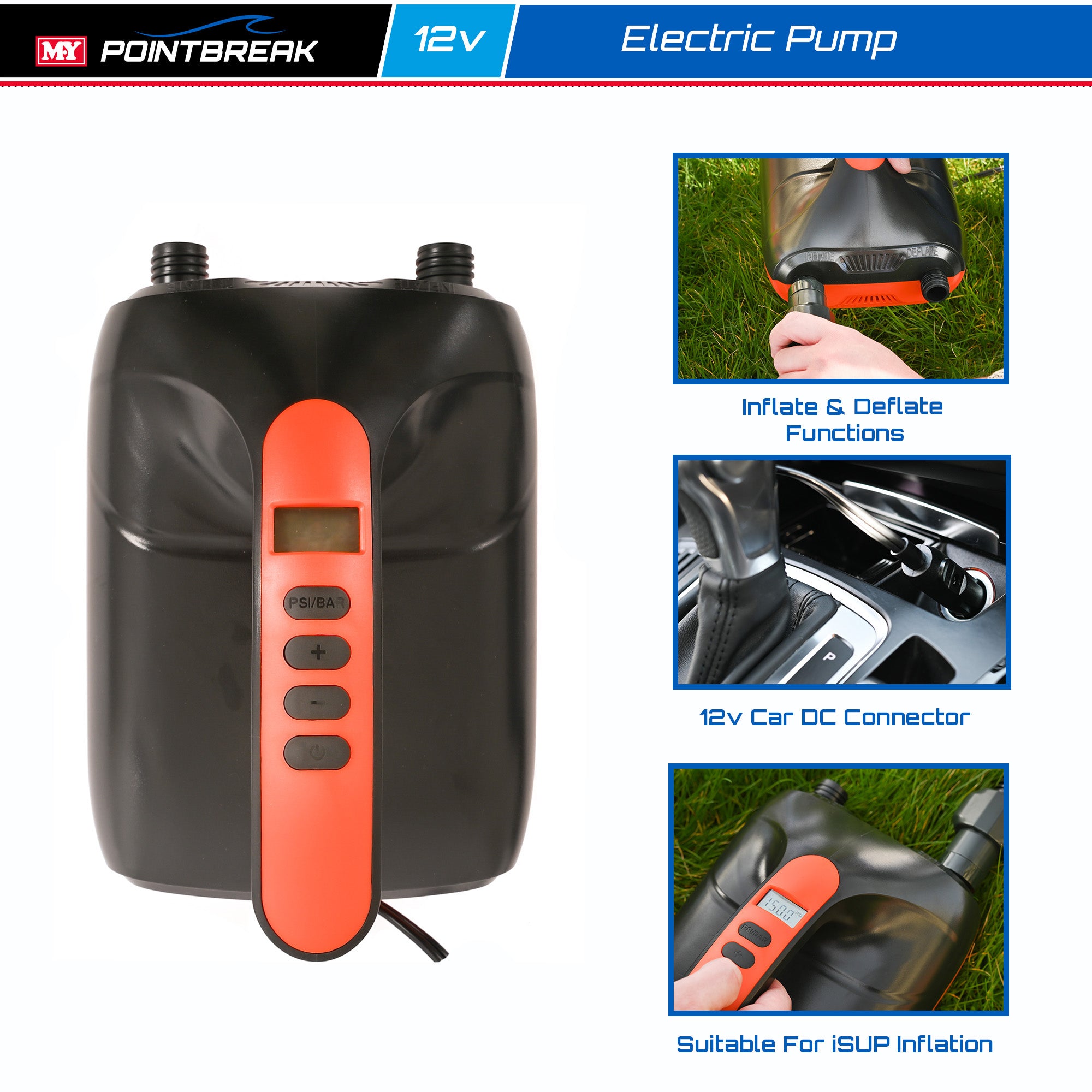 M.Y Point Break Electric SUP Pump 20PSI 12V Electric Air Pump with 6 Nozzles | Suitable for Inflation & Deflation of Paddleboards & Kayaks