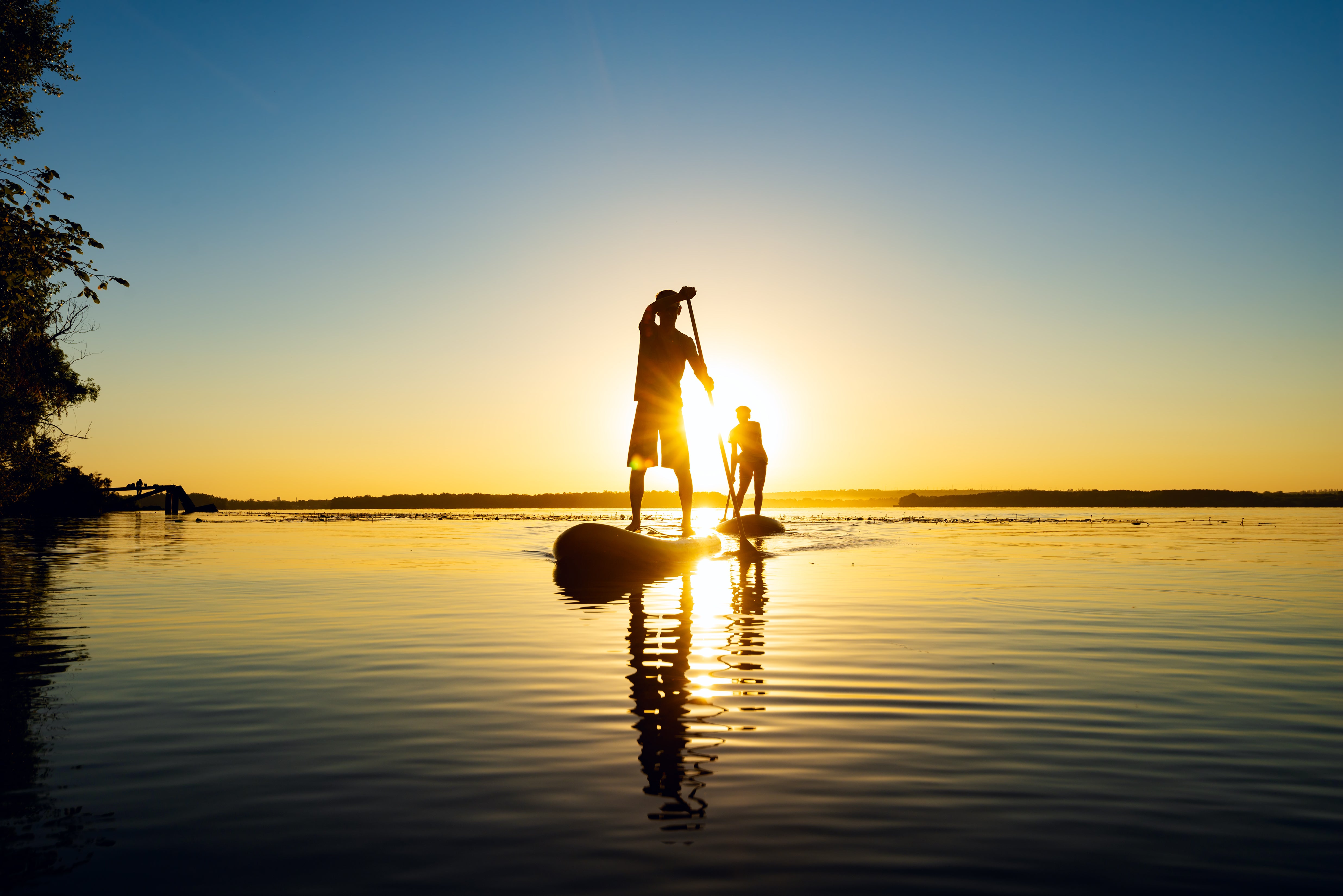 two silhouetted paddleboarders paddle towards the camera on perfectly calm water with the sun setting behind them