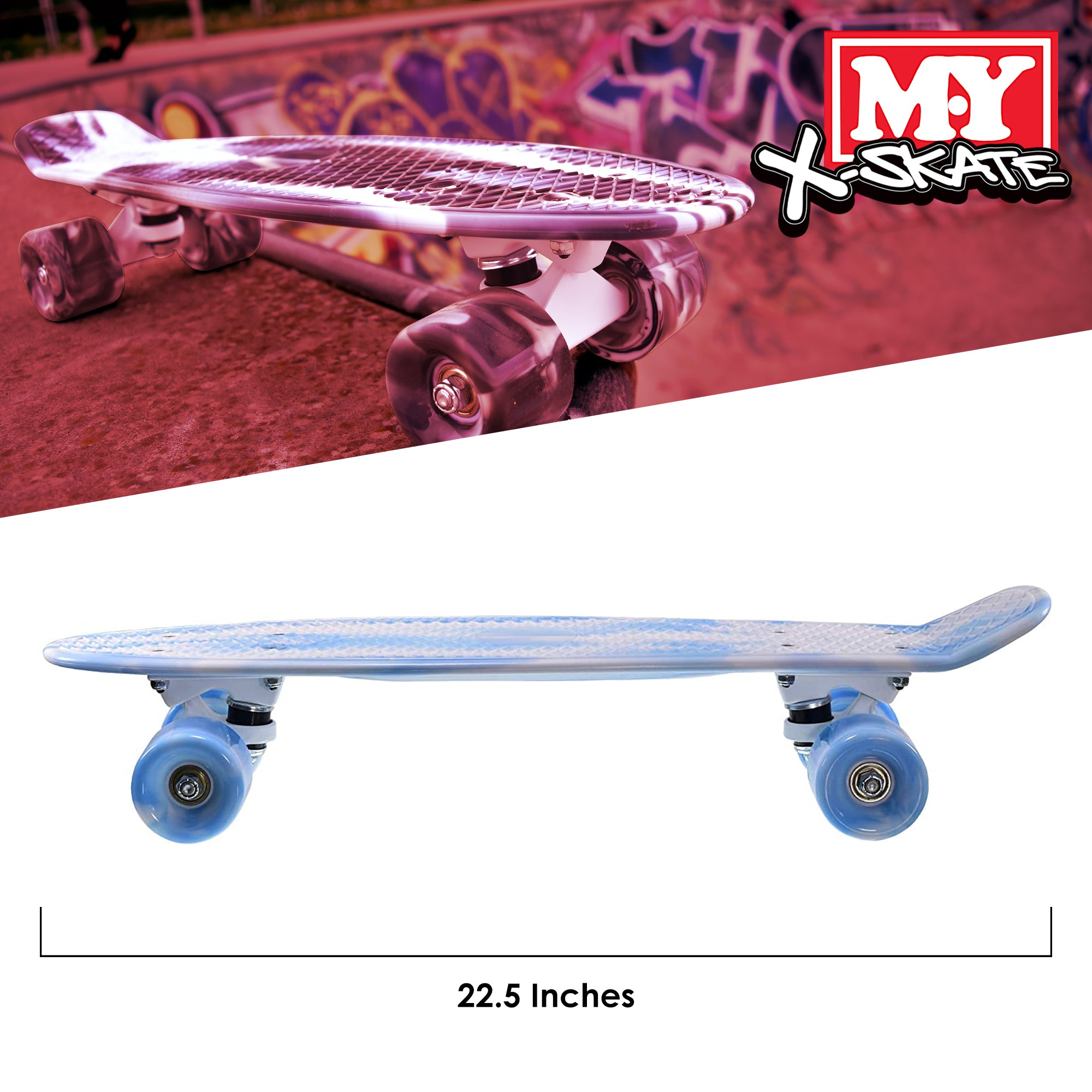 M.Y X-Skate Complete 22" Plastic Retro Beginner Skateboard with Marble Print for Kids Teenagers & Adults Waffle-Style Deck ABEC 7 Bearings for tricks and cruising