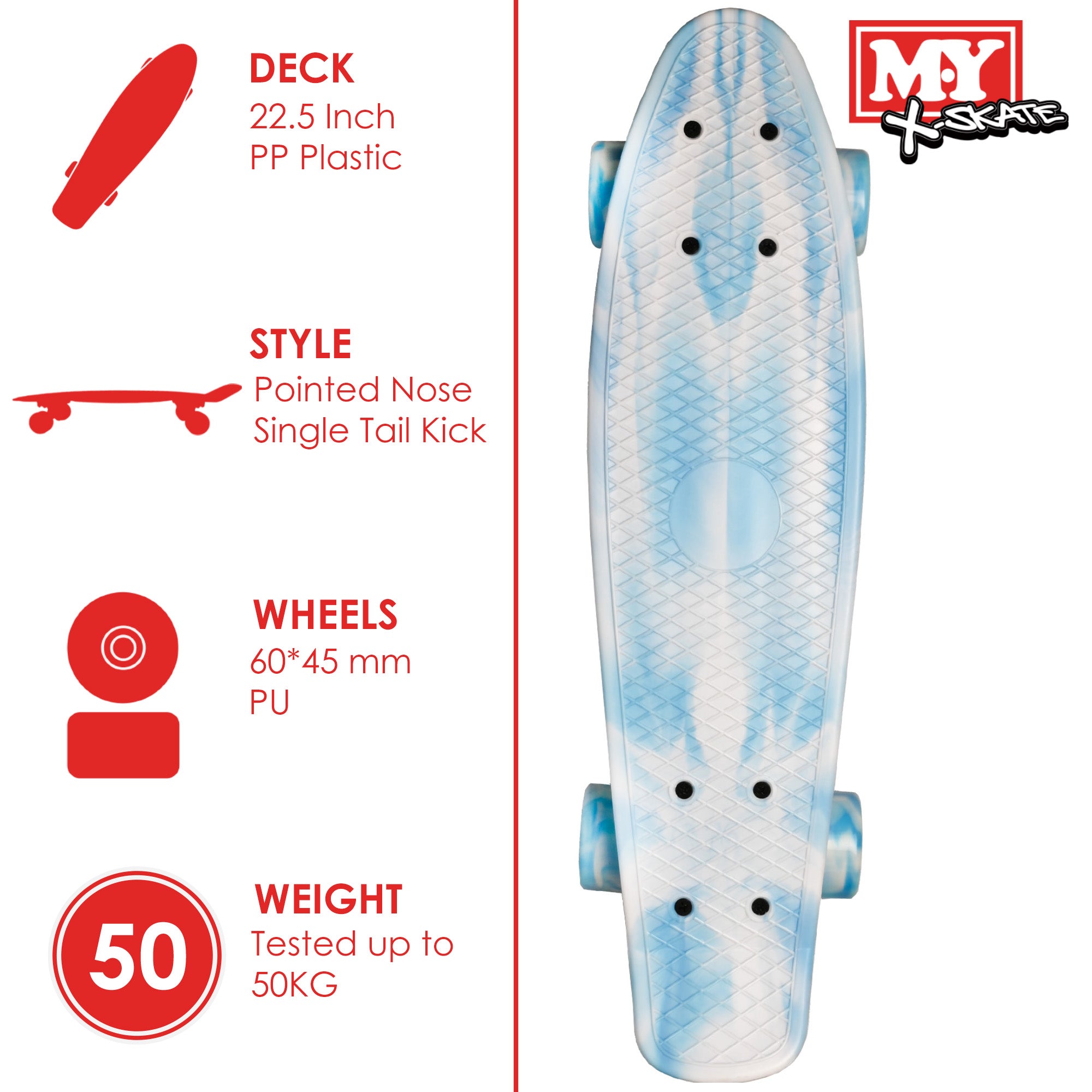 M.Y X-Skate Complete 22" Plastic Retro Beginner Skateboard with Marble Print for Kids Teenagers & Adults Waffle-Style Deck ABEC 7 Bearings for tricks and cruising