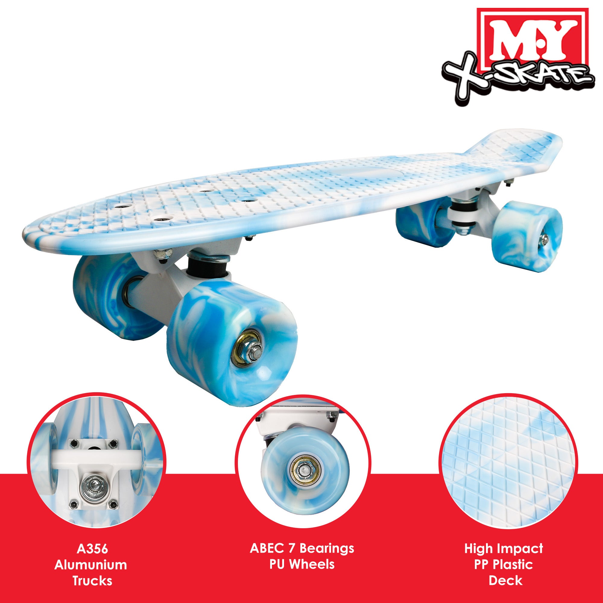 M.Y X-Skate Complete 22" Plastic Retro Beginner Skateboard with Marble Print for Kids Teenagers & Adults Waffle-Style Deck ABEC 7 Bearings for tricks and cruising