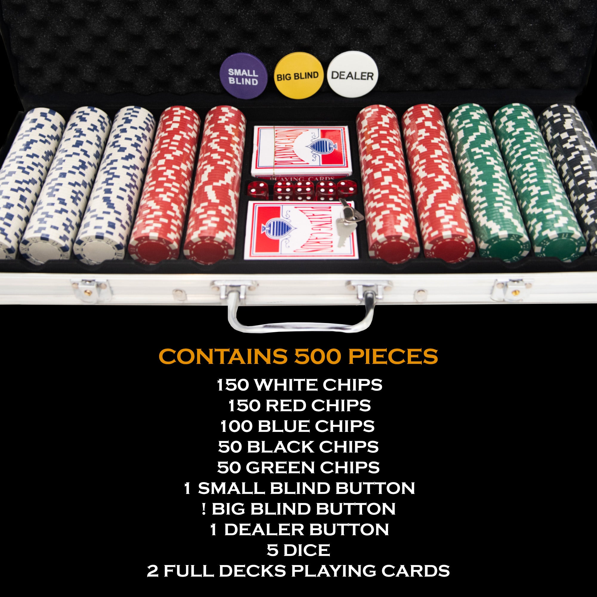 M.Y Texas Hold'em Poker Set - 500 Piece Set in Aluminium Case with 11.5g Heavyweight Poker Chips 2 Decks of Playing Cards Dealer Big Blind and Small Blind Buttons and 5 Dice