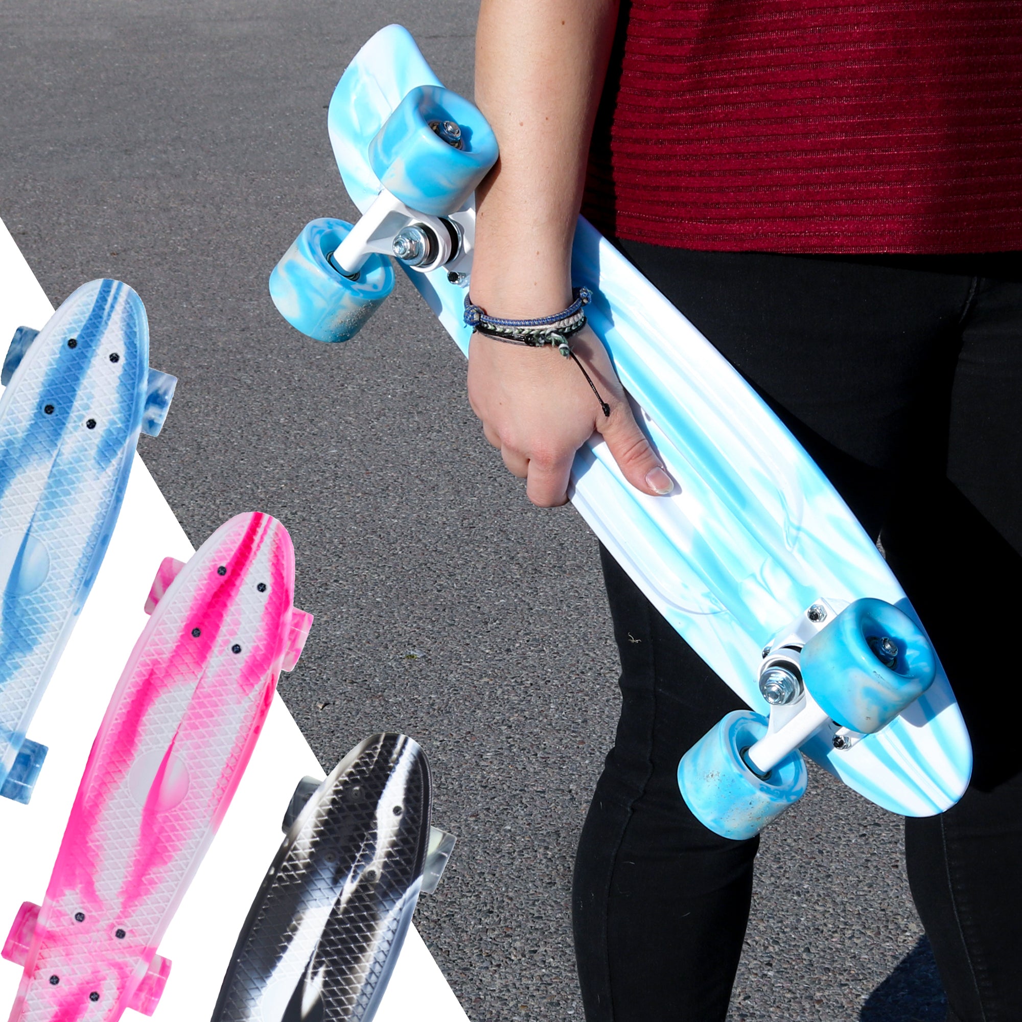 M.Y X-Skate Complete 22" Plastic Retro Beginner Skateboard with Marble Print for Kids Teenagers & Adults Waffle-Style Deck ABEC 7 Bearings for tricks and cruising