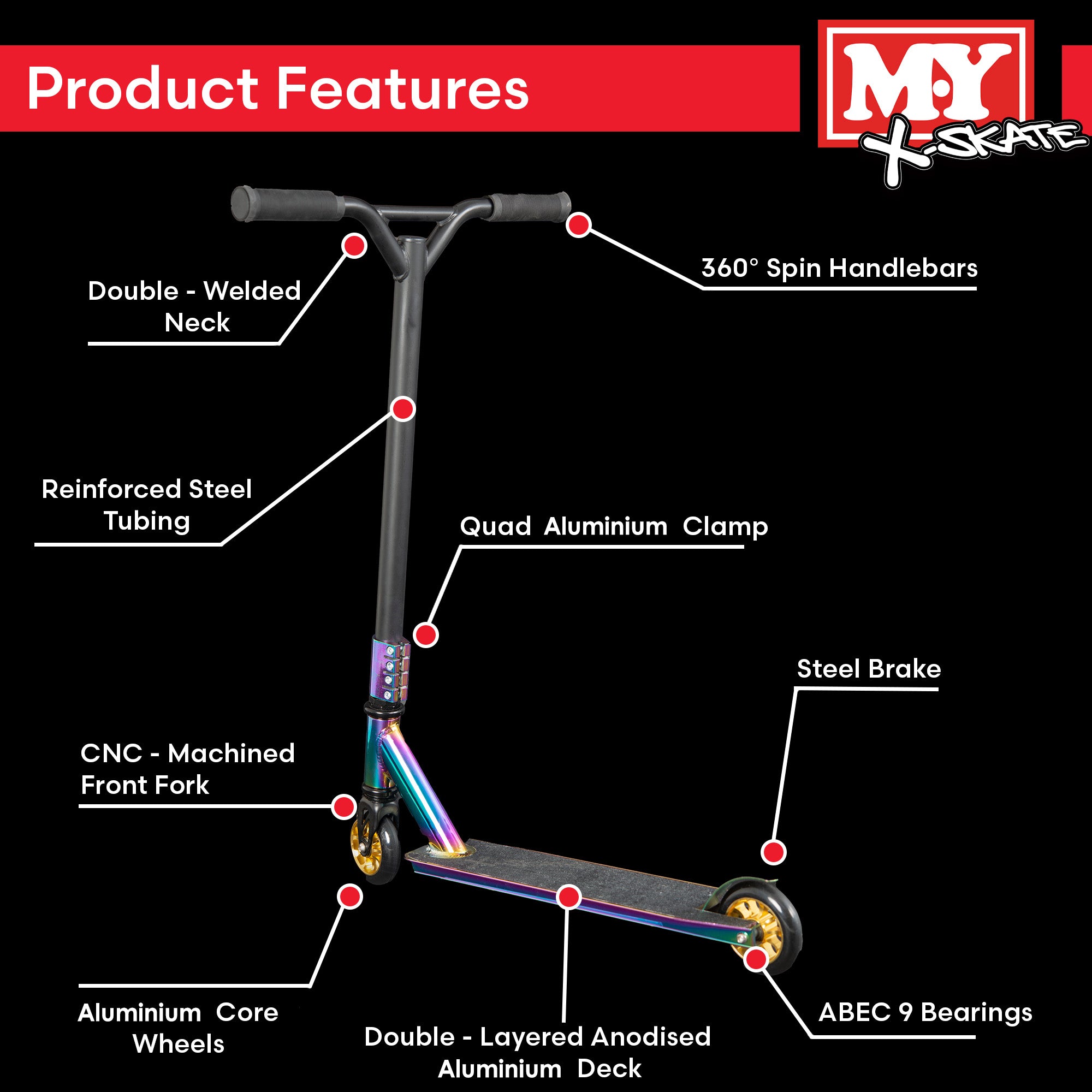 M.Y X-Skate XSN-009 Stunt Scooter - Trick Kick Scooter With ABEC 9 Chrome Bearings & 100mm Aluminium