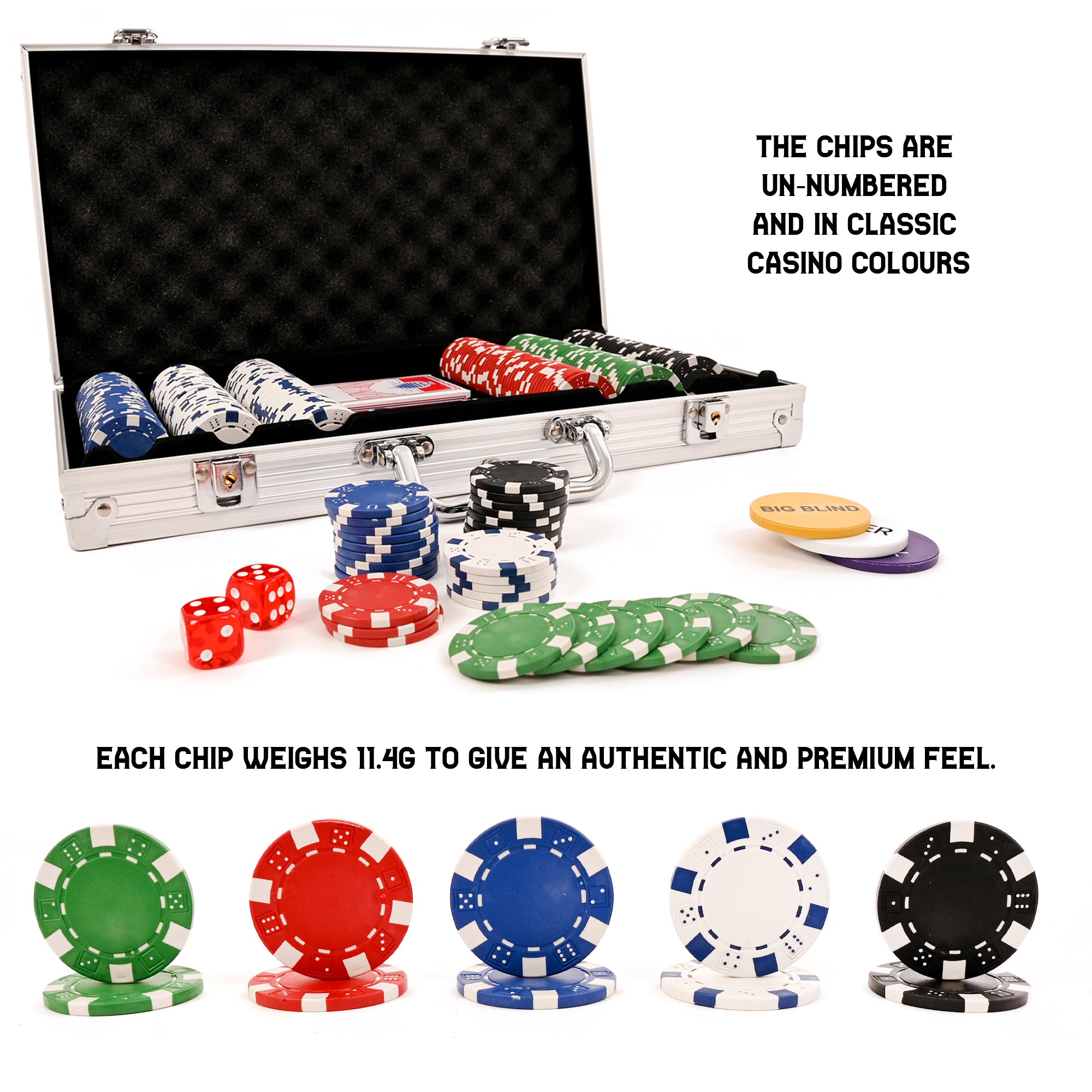 M.Y Texas Hold'em Poker Set -  300 Piece Set in Aluminium Case with 11.5g Heavyweight Poker Chips 2 Decks of  Playing Cards Dealer Big Blind and Small Blind Buttons and 5 Dice