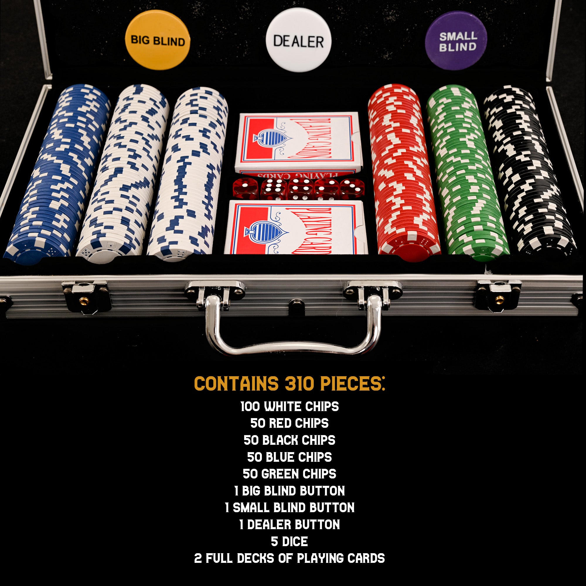 M.Y Texas Hold'em Poker Set -  300 Piece Set in Aluminium Case with 11.5g Heavyweight Poker Chips 2 Decks of  Playing Cards Dealer Big Blind and Small Blind Buttons and 5 Dice