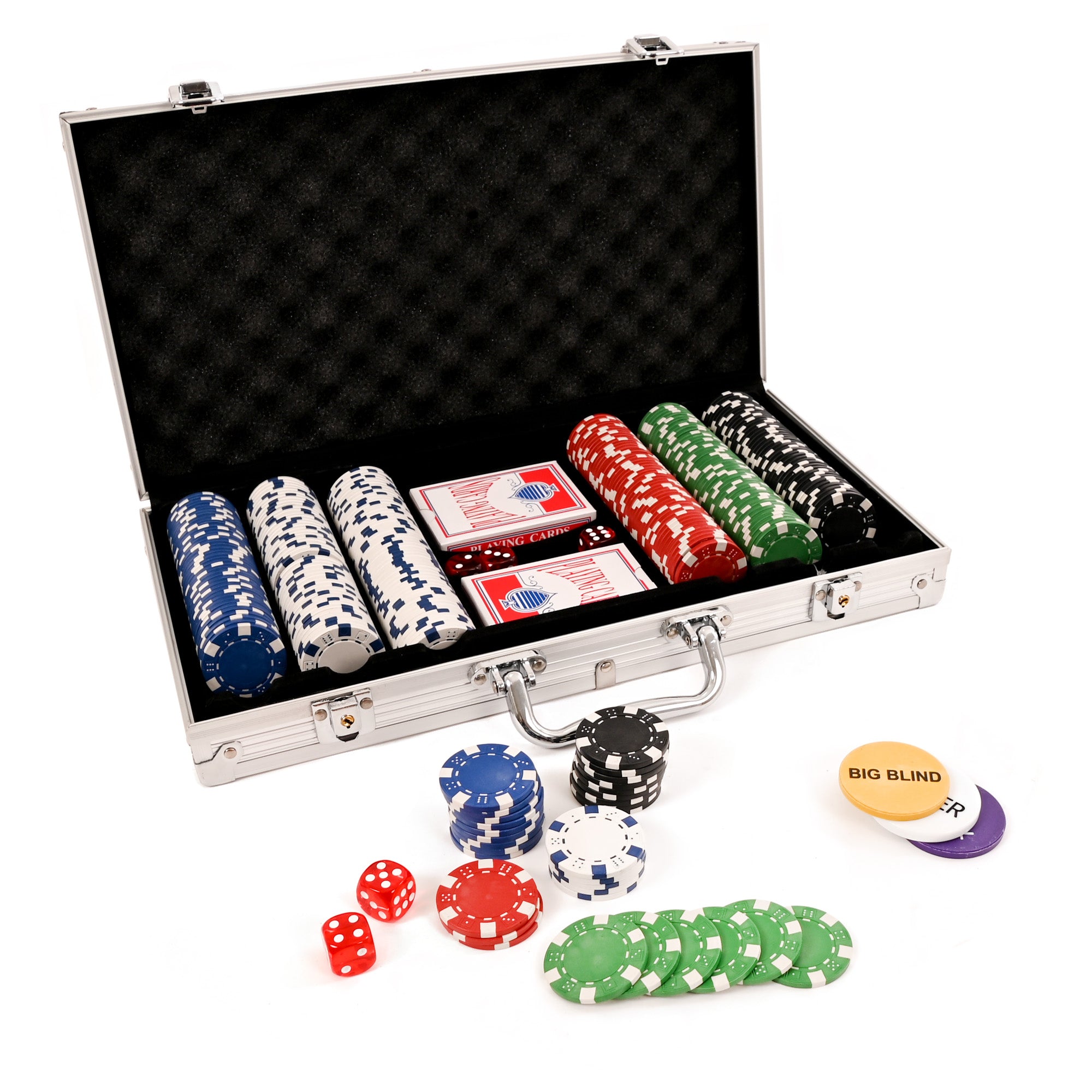 M.Y Texas Hold'em Poker Set -  300 Piece Set in Aluminium Case with 11.5g Heavyweight Poker Chips 2 Decks of  Playing Cards Dealer Big Blind and Small Blind Buttons and 5 Dice